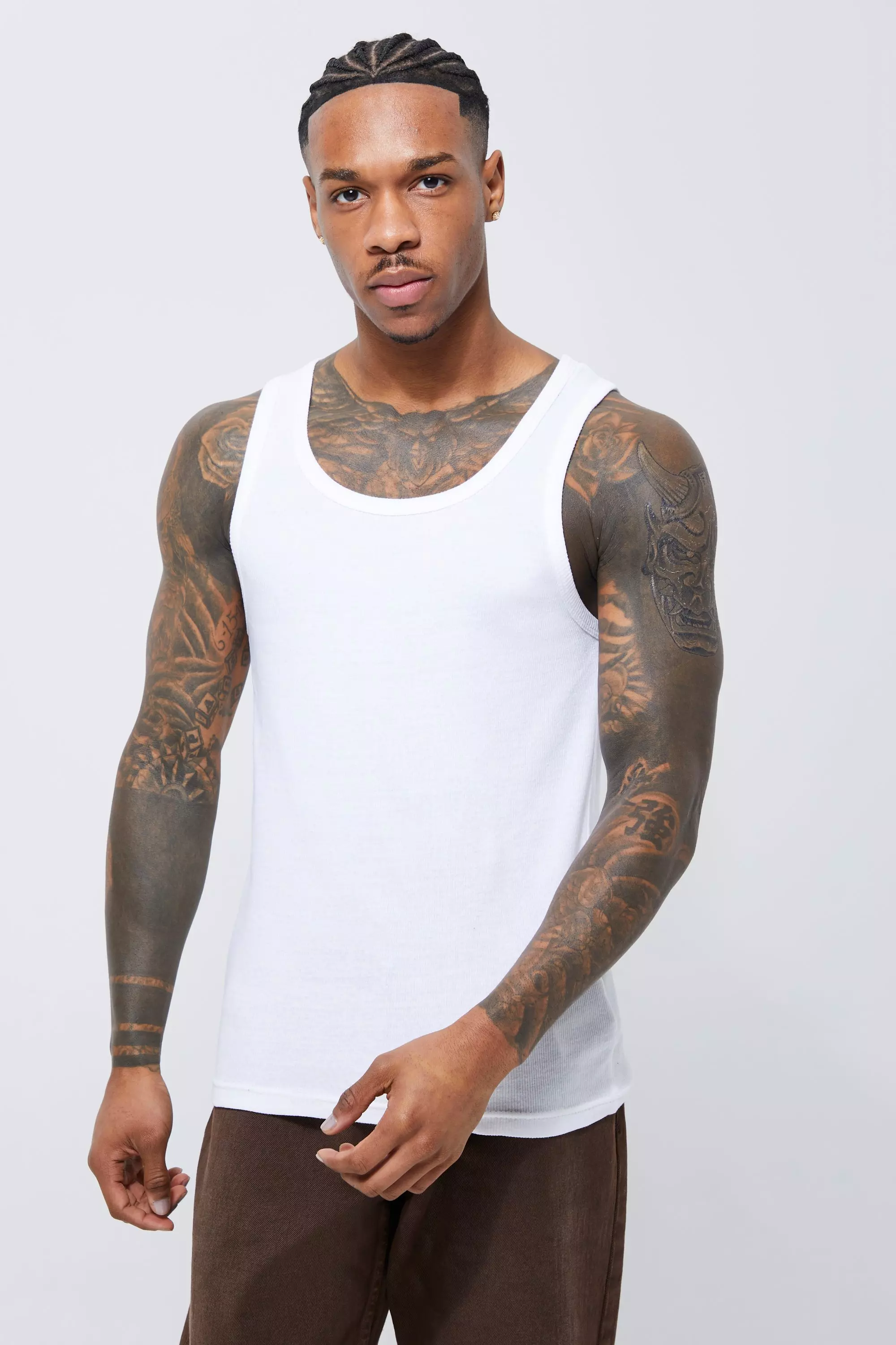 Casual Solid Color Woven Tank Tops Men Fashion Slim Fit Crew Neck