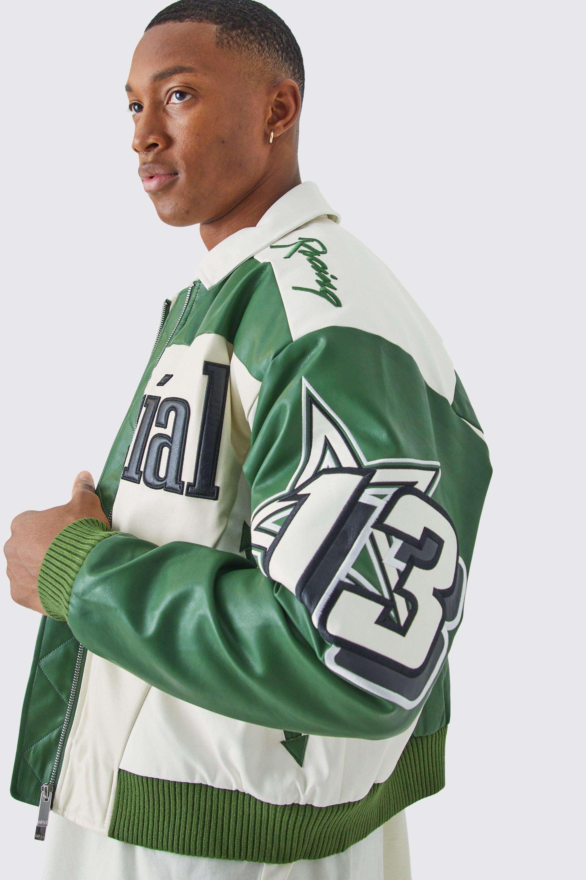 mens green boxy fit pu moto collared bomber, green