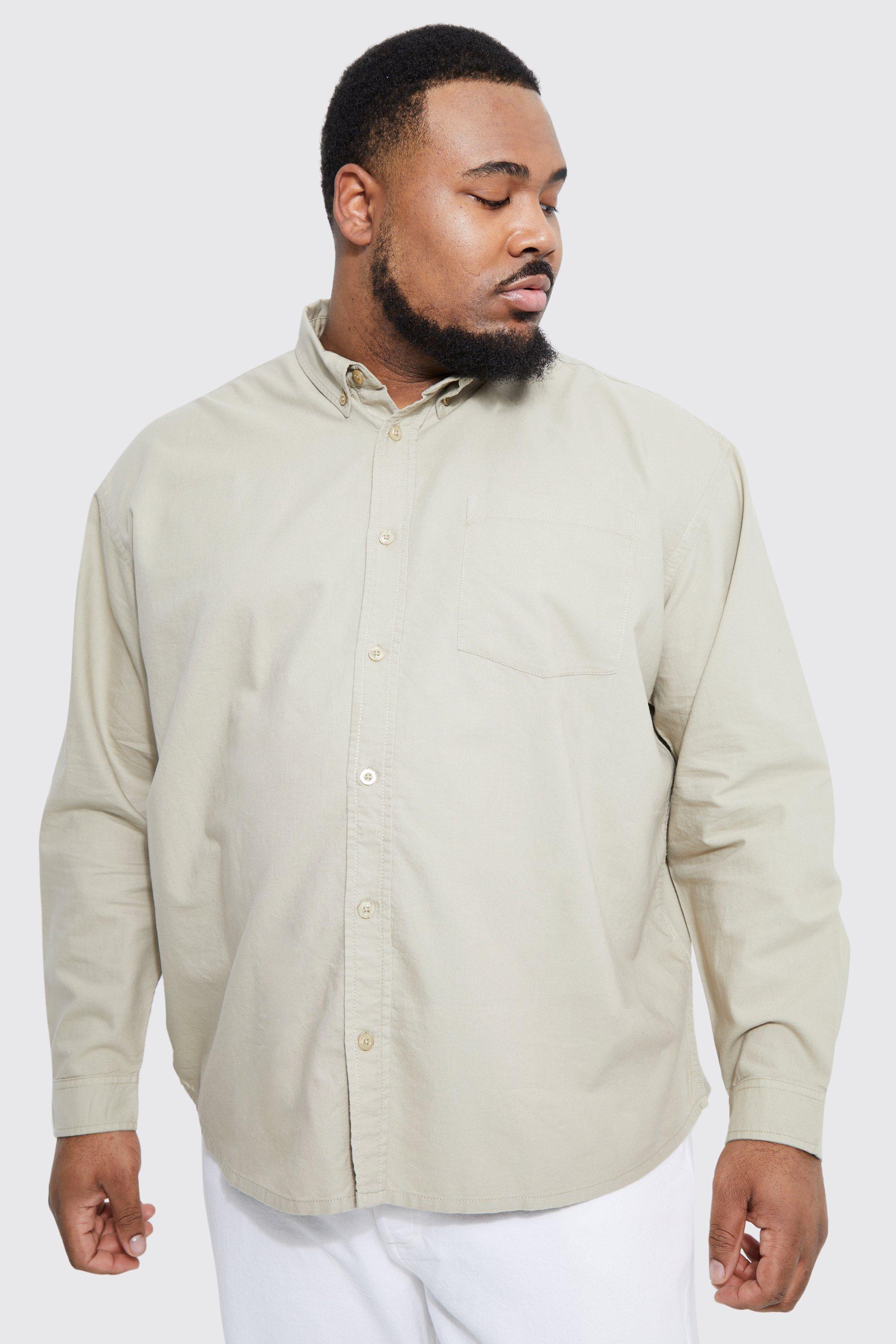 Mens Beige Plus Relaxed Fit Long Sleeve Oxford Shirt, Beige