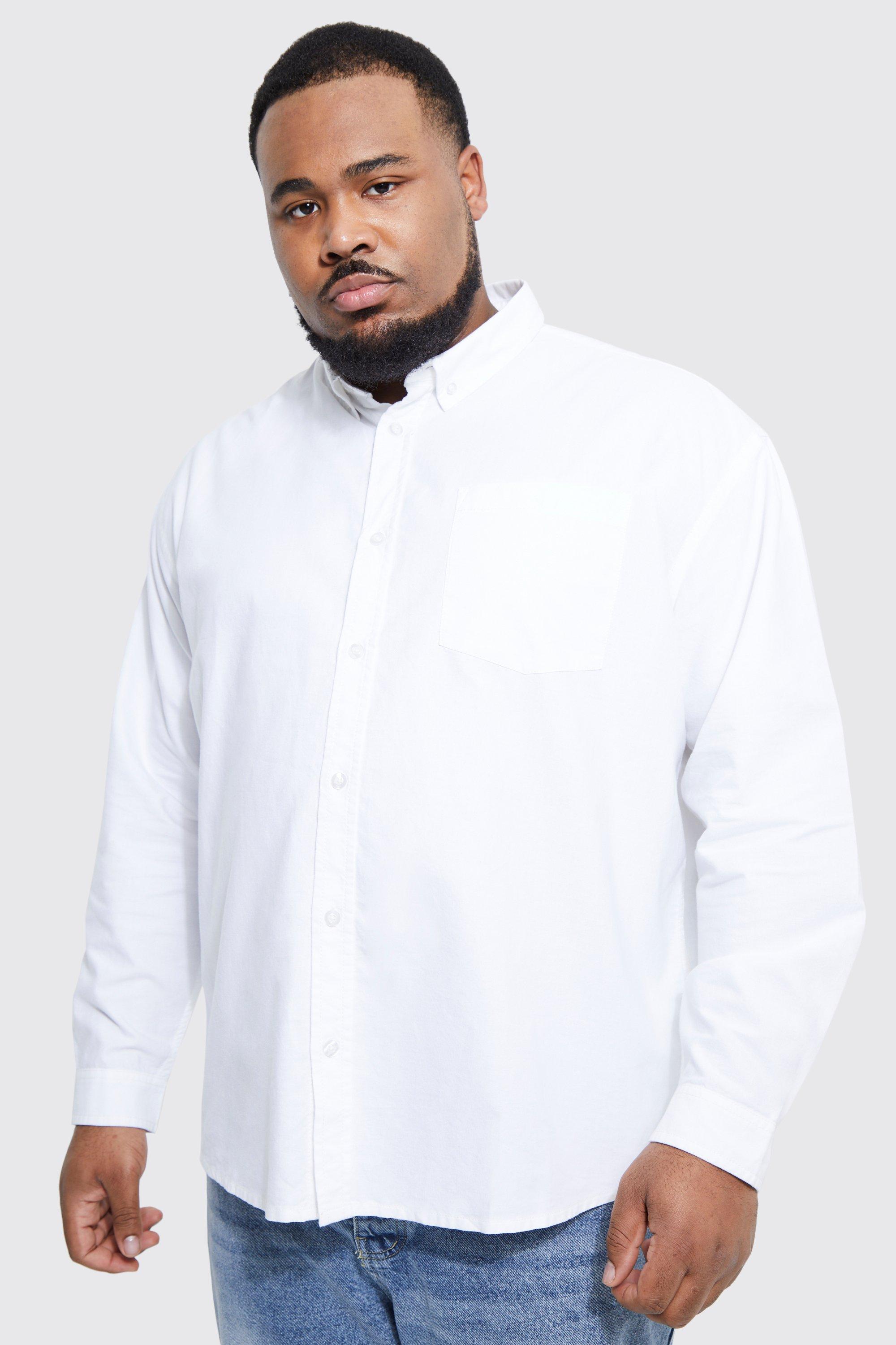 Mens White Plus Relaxed Fit Long Sleeve Oxford Shirt, White
