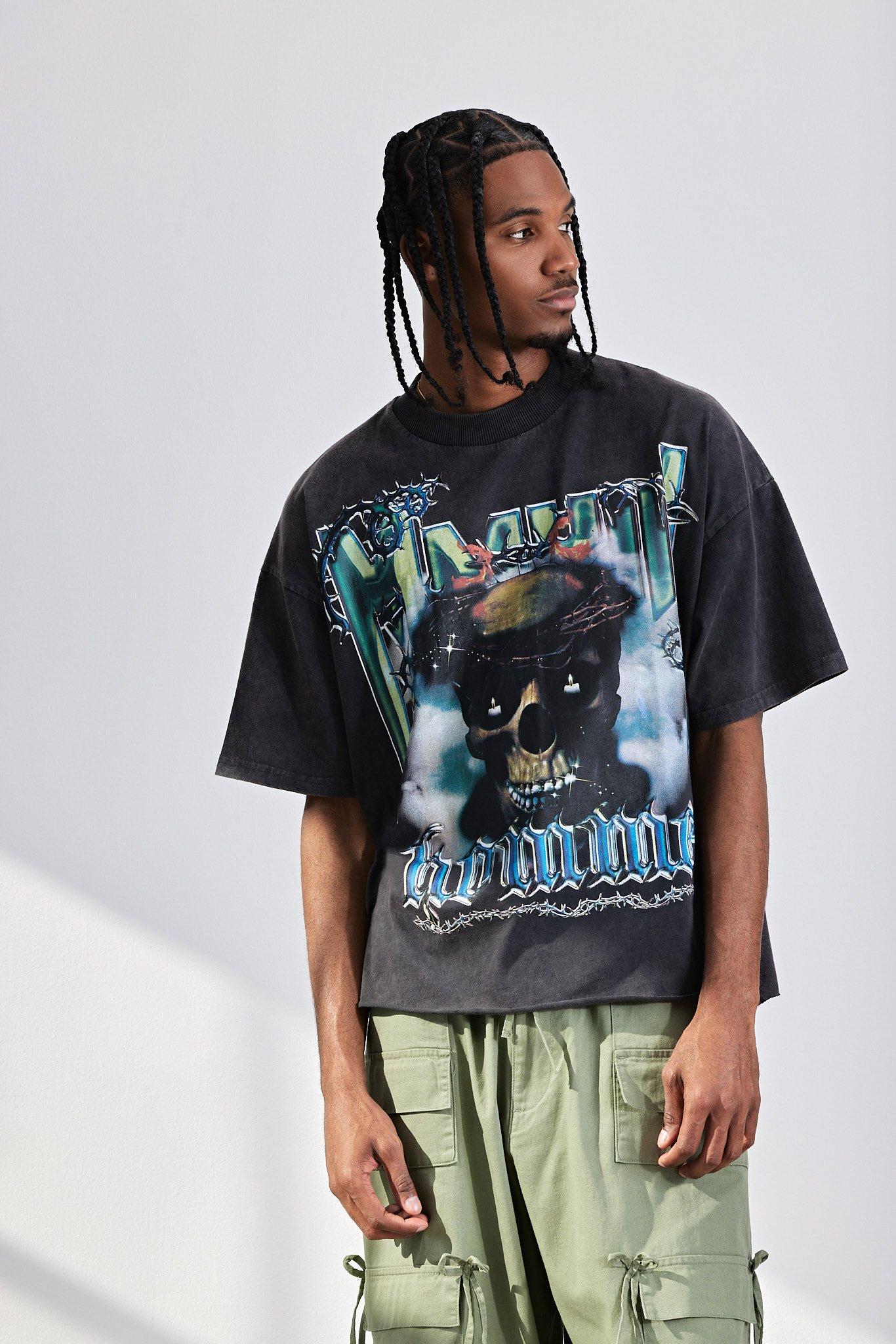 Mens Black Oversized Boxy Raw Hem Skull Graphic T-shirt, Black
