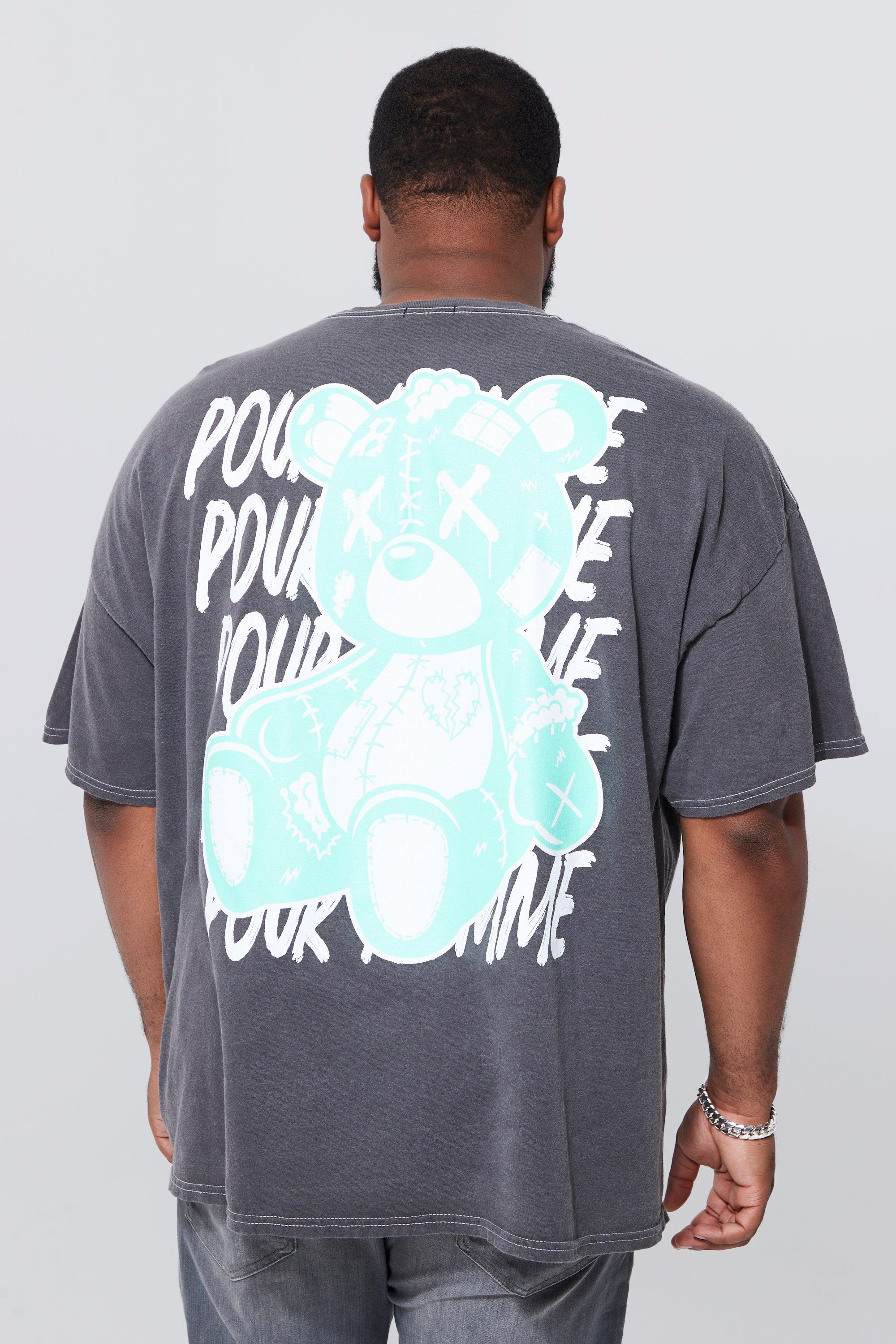 Mens Grey Plus Overdye Teddy Back Print T-shirt, Grey