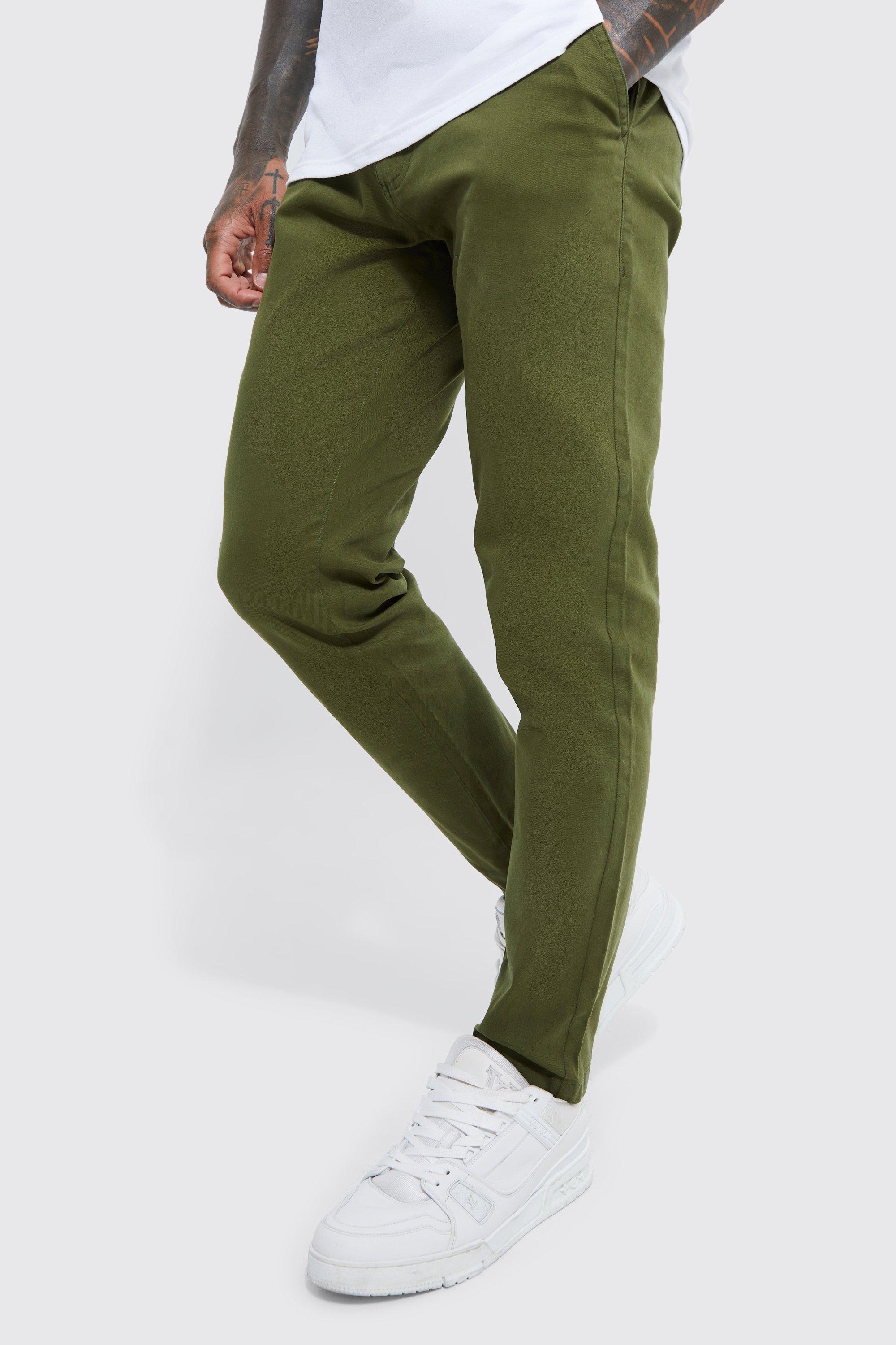 Mens Green Fixed Waist Slim Fit Stretch Chino Trousers, Green
