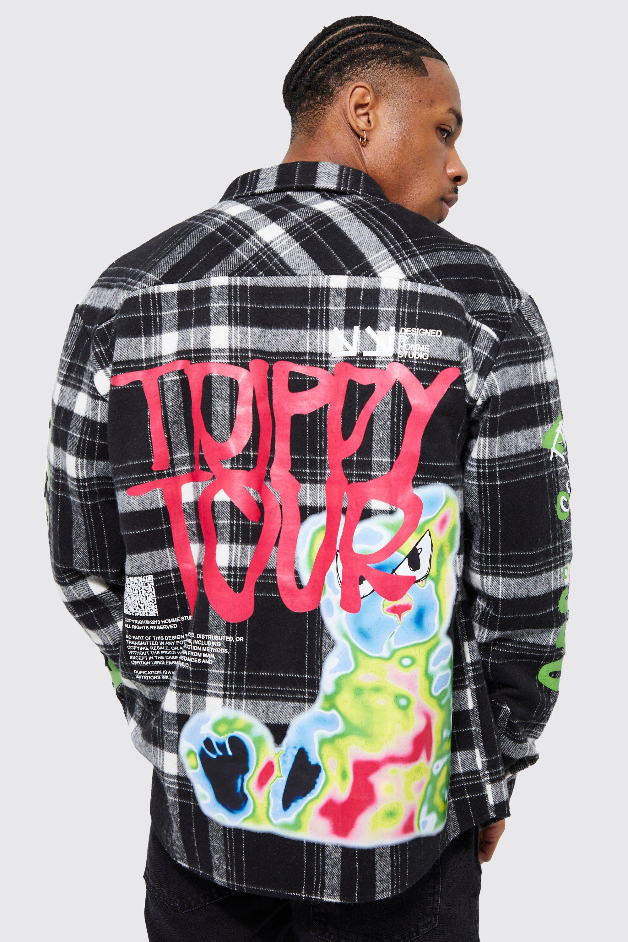 Mens Black Oversized Trippy Printed Check Shirt, Black