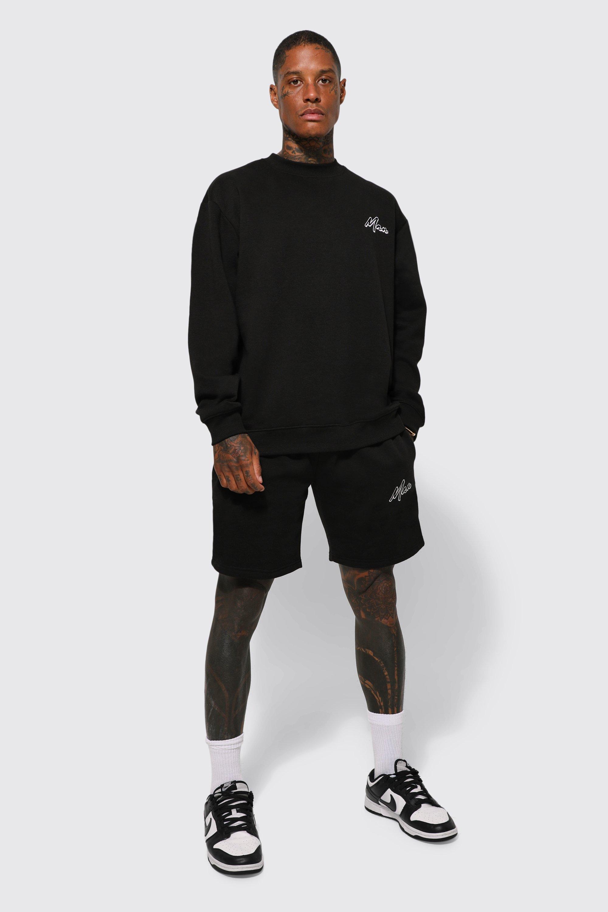 Mens Black Lightweight Man Oversized Sweatshirt Short Tracksuit, Black