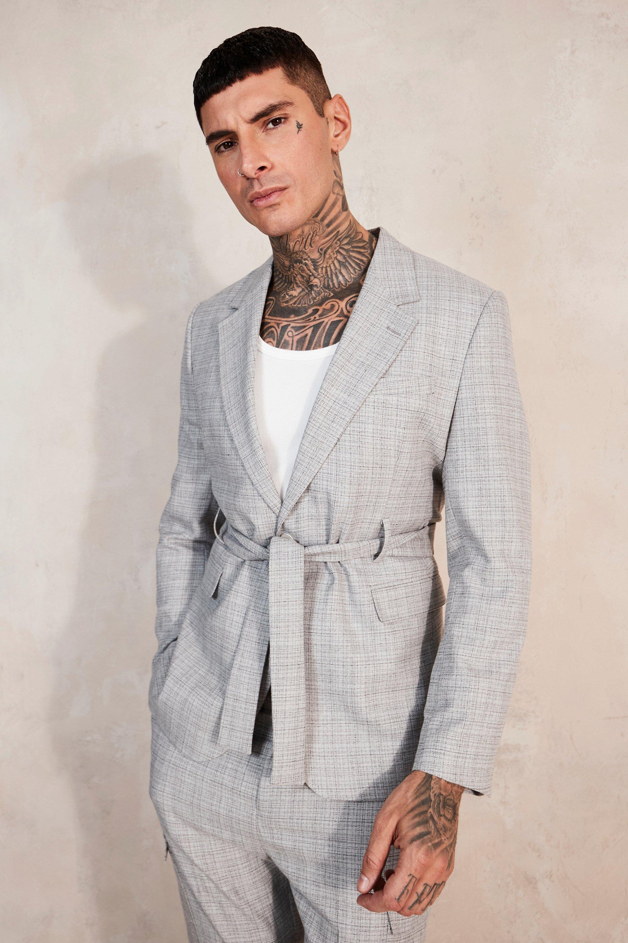 Mens Grey Relaxed Tie Front Cargo Pocket Suit Jacket, Grey