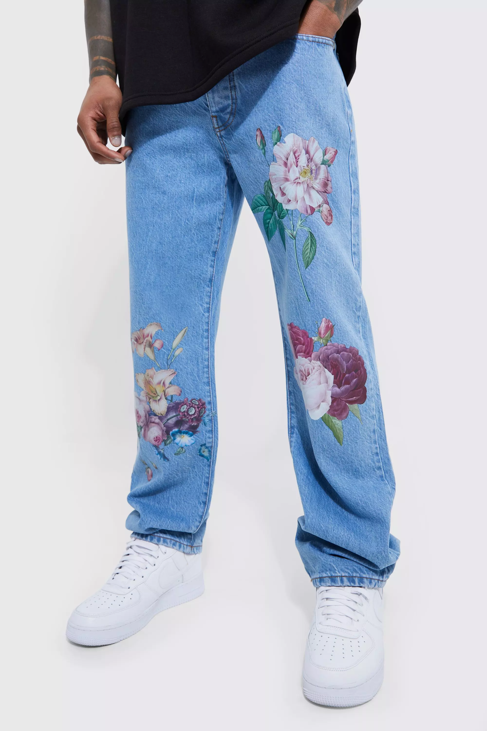 Flower Print Full Length Jeans For Men And Women Stylish