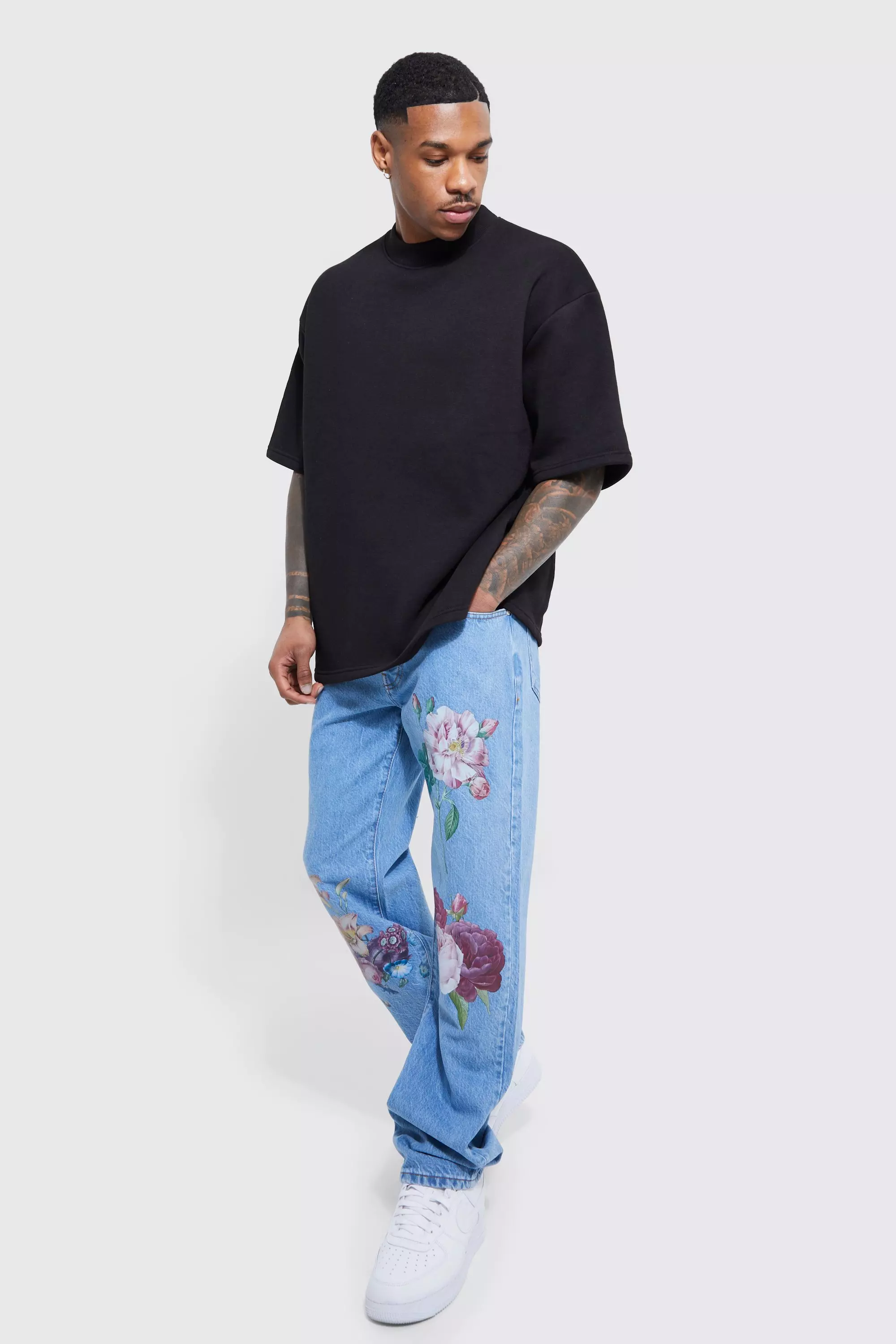 Flower Print Full Length Jeans For Men And Women Stylish