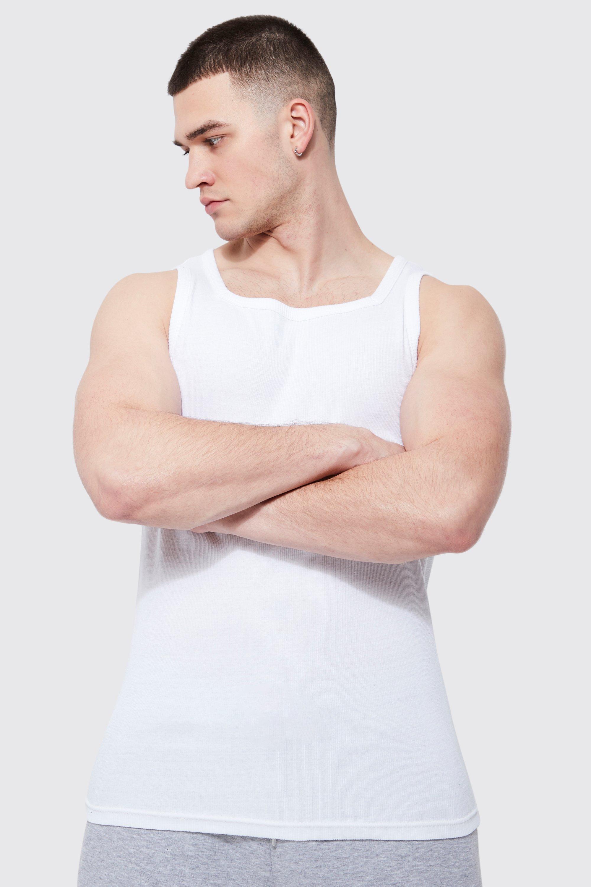 Mens White Tall Slim Square Neck Ribbed Vest, White