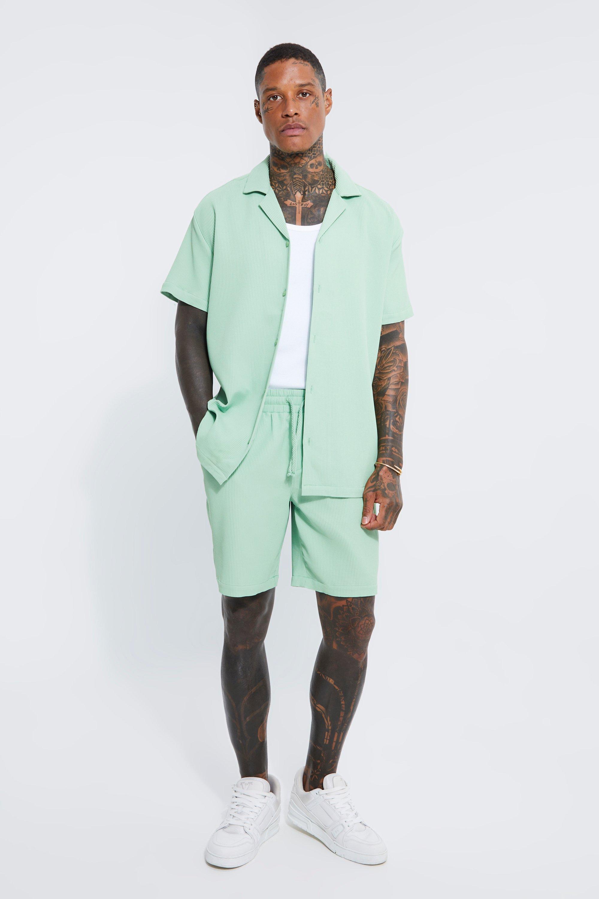 Mens Green Pleated Oversized Shirt And Short Set, Green