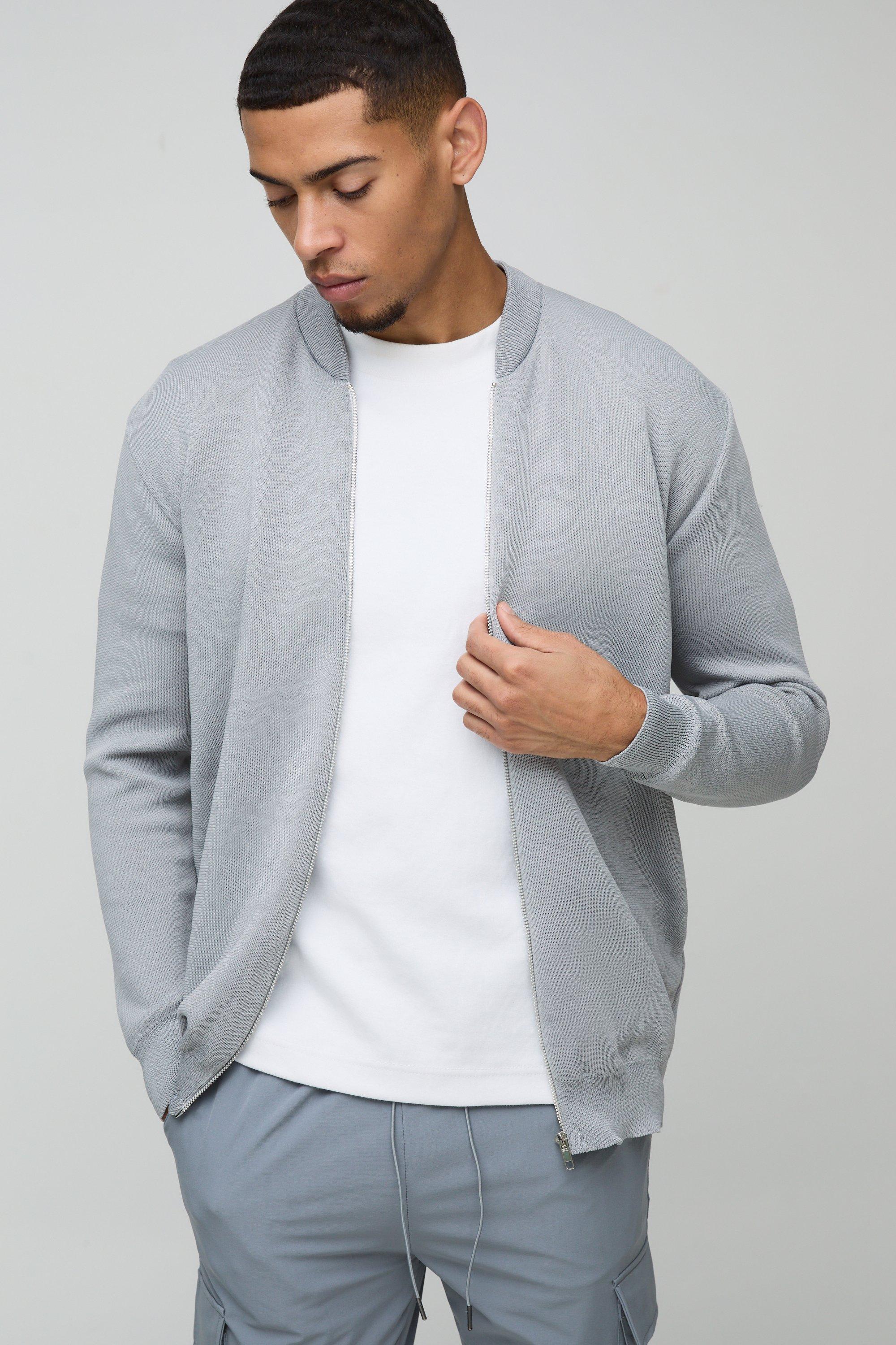 Mens Grey Smart Knitted Bomber Jacket, Grey