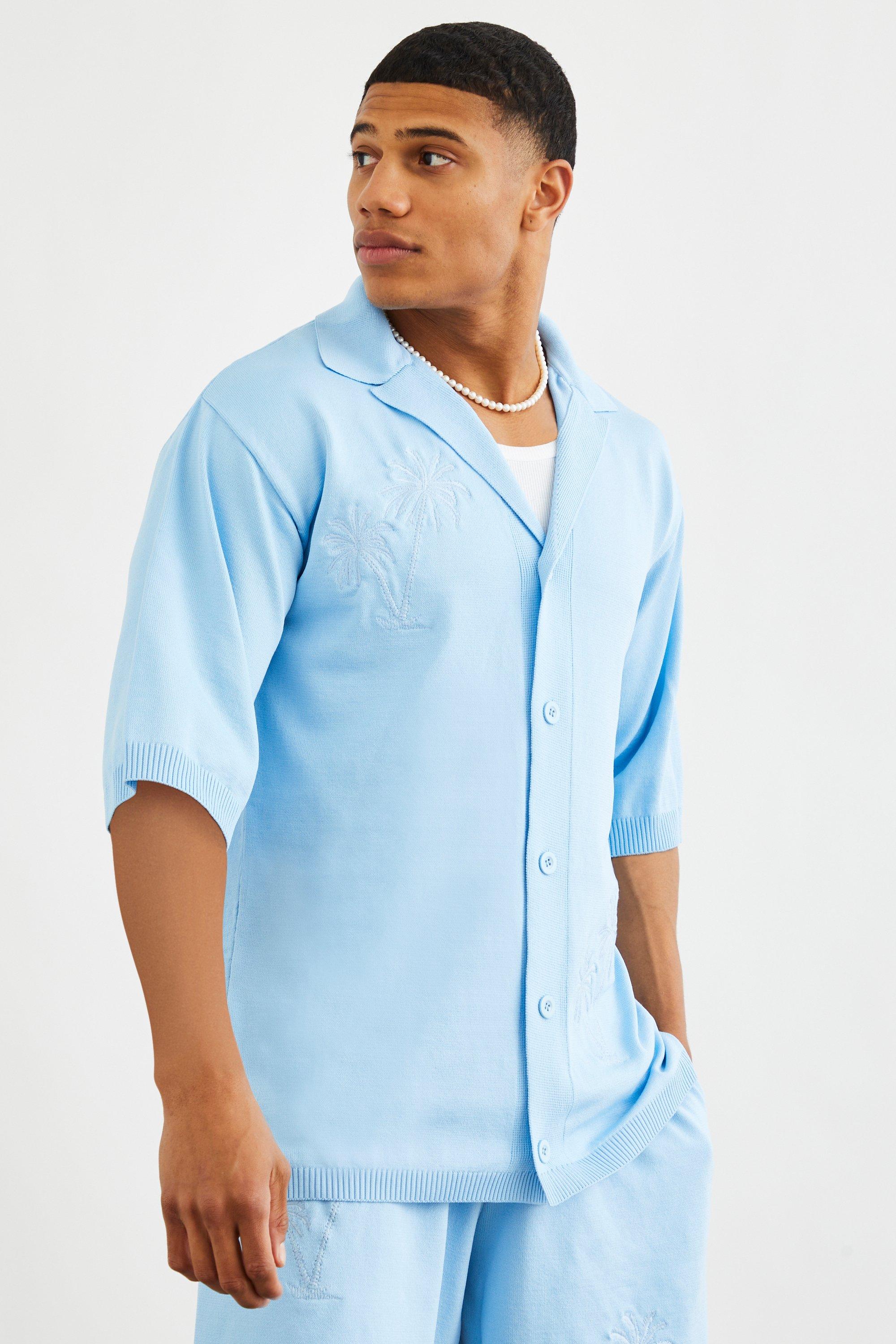 Mens Blue Oversized Palm Knitted Shirt, Blue