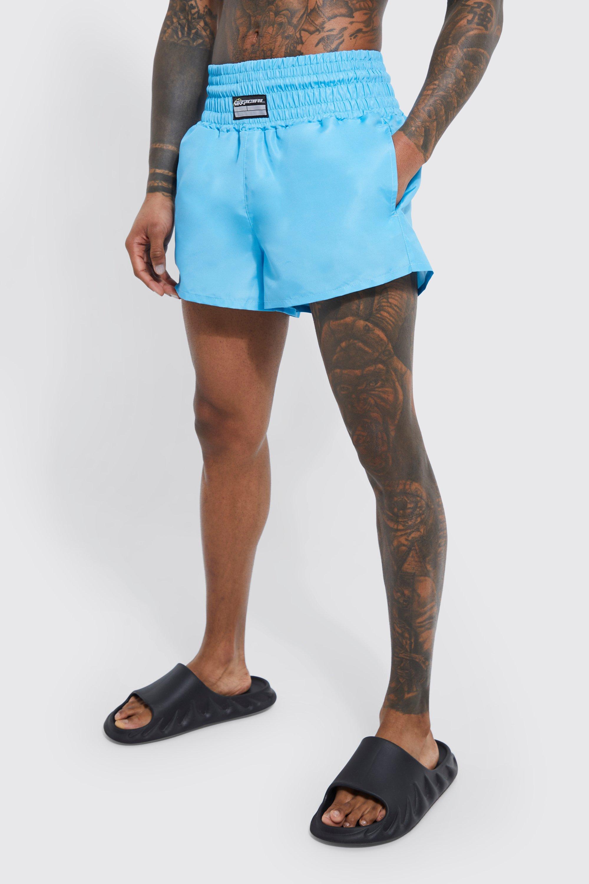 Mens Blue Fighter Style Plain Swim Shorts, Blue