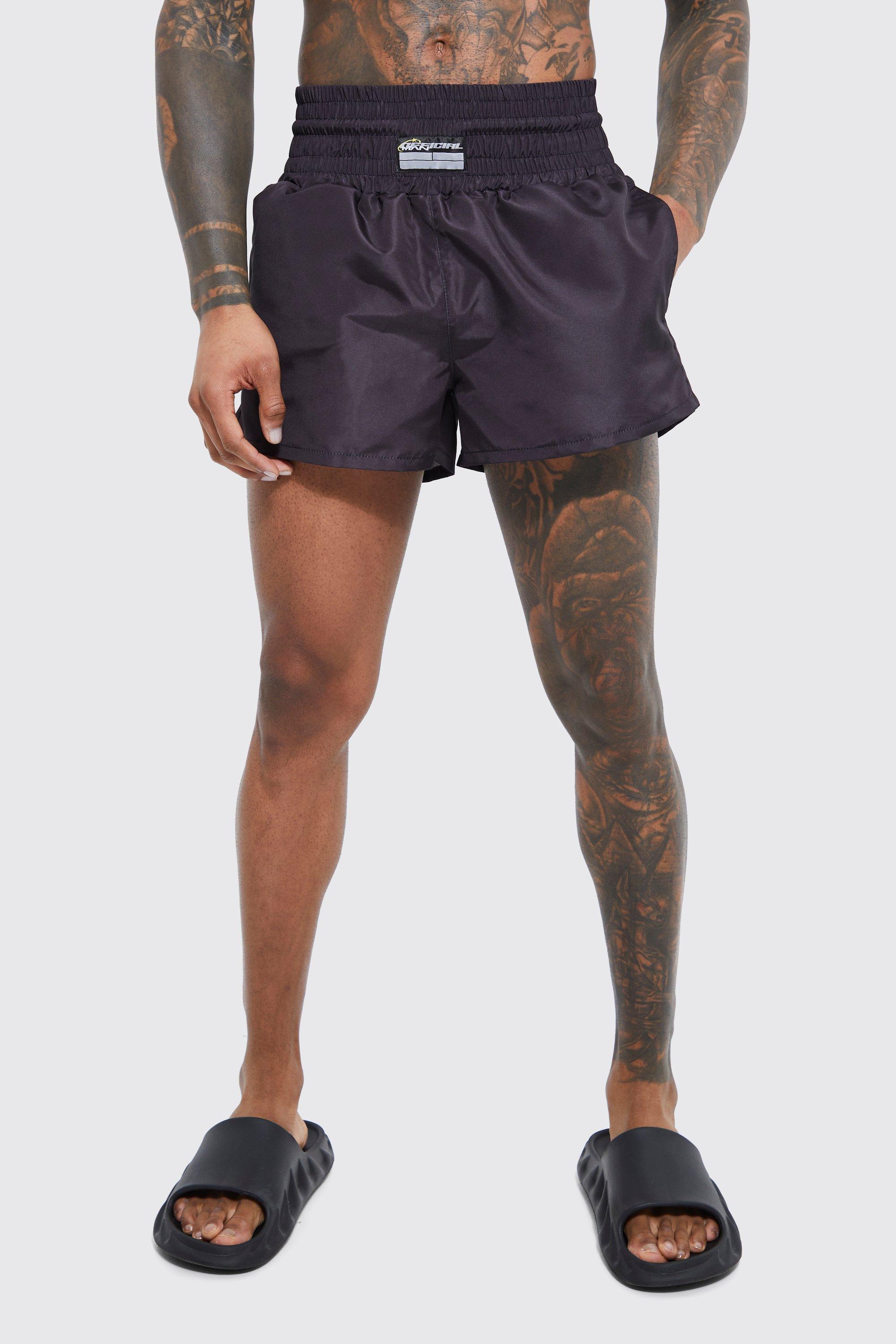 Mens Black Fighter Style Plain Swim Shorts, Black