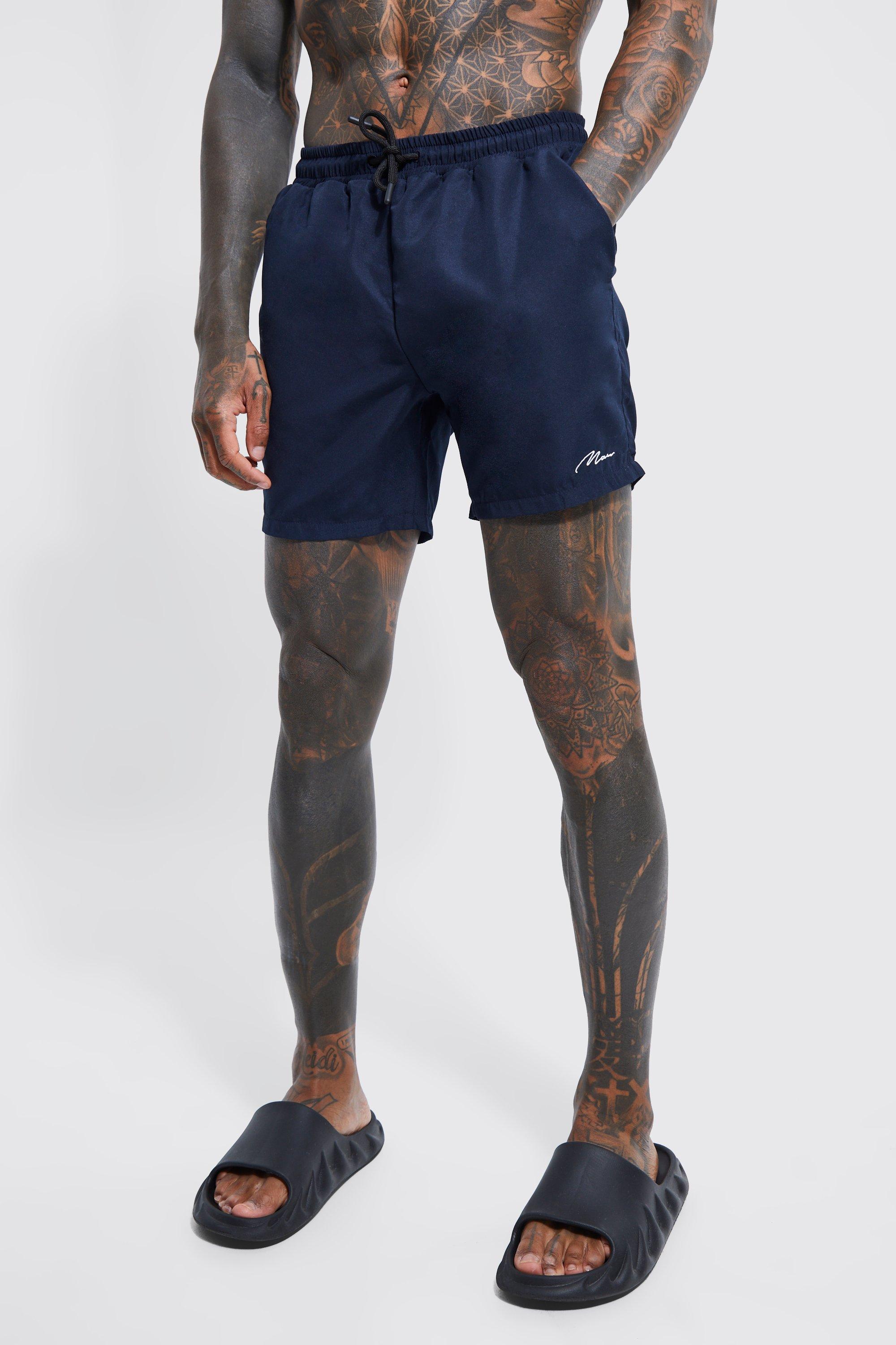 Mens Navy Man Signature Mid Length Swim Shorts, Navy