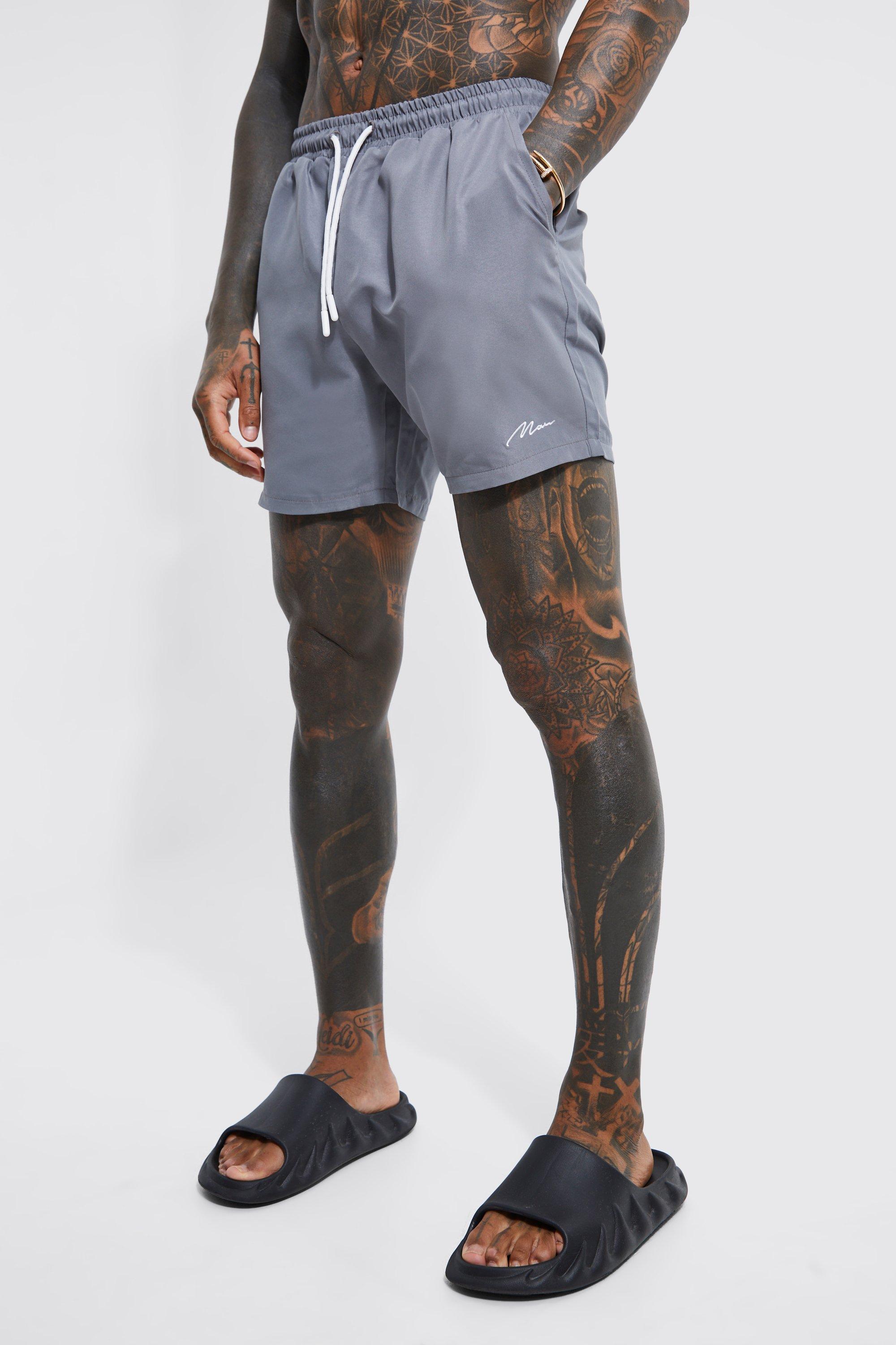 Mens Grey Man Signature Mid Length Swim Shorts, Grey