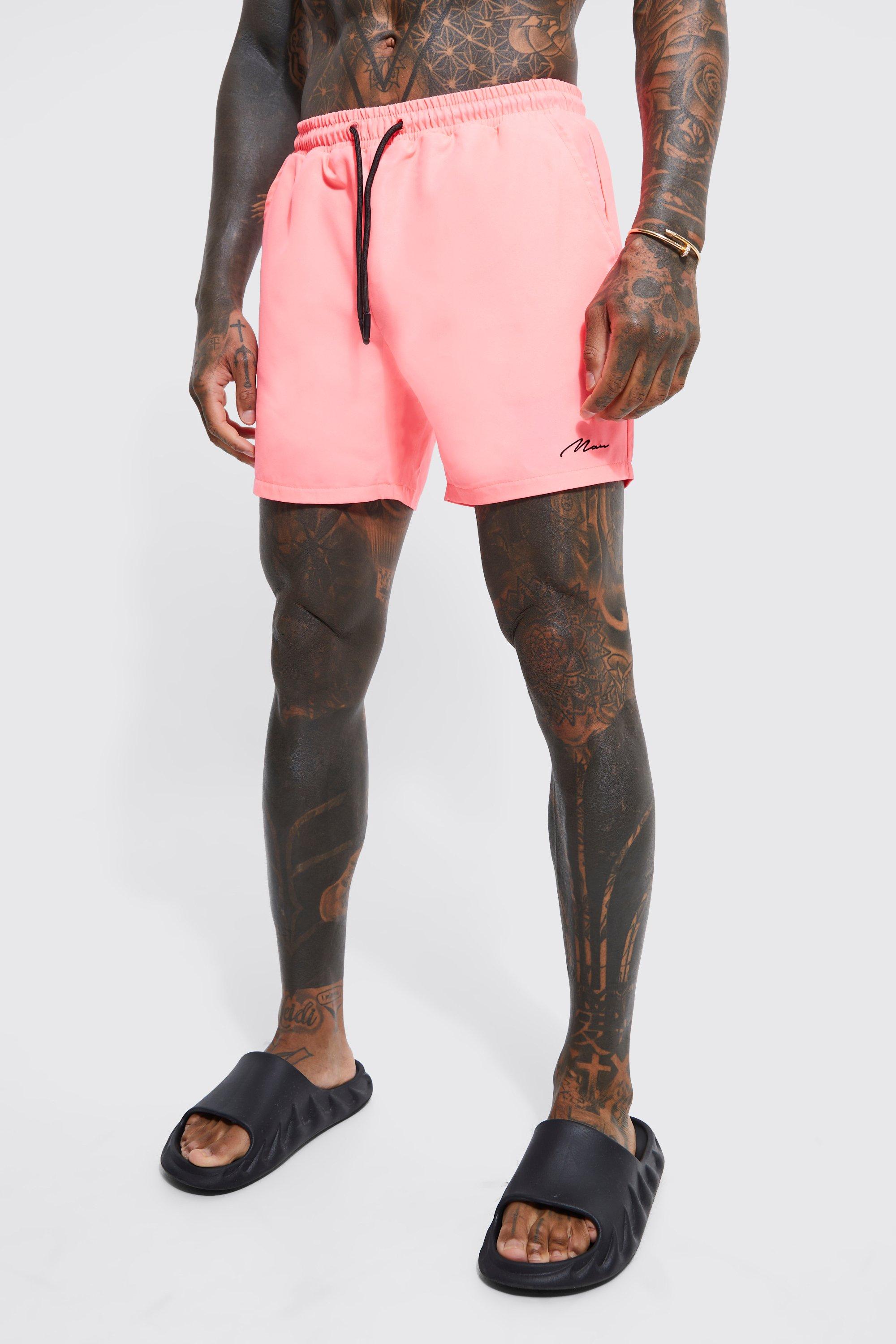 Mens Pink Man Signature Mid Length Swim Shorts, Pink