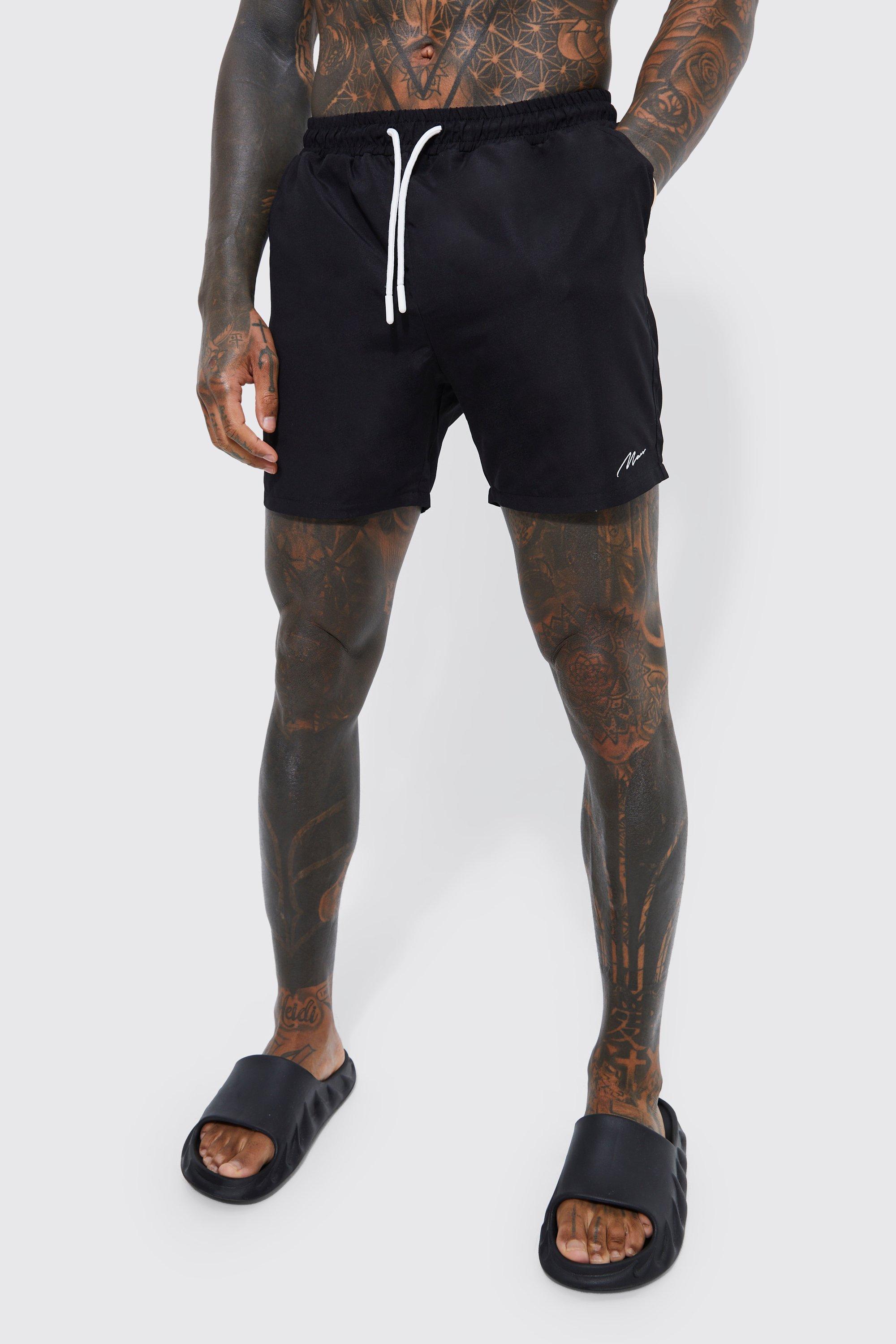 Mens Black Man Signature Mid Length Swim Shorts, Black