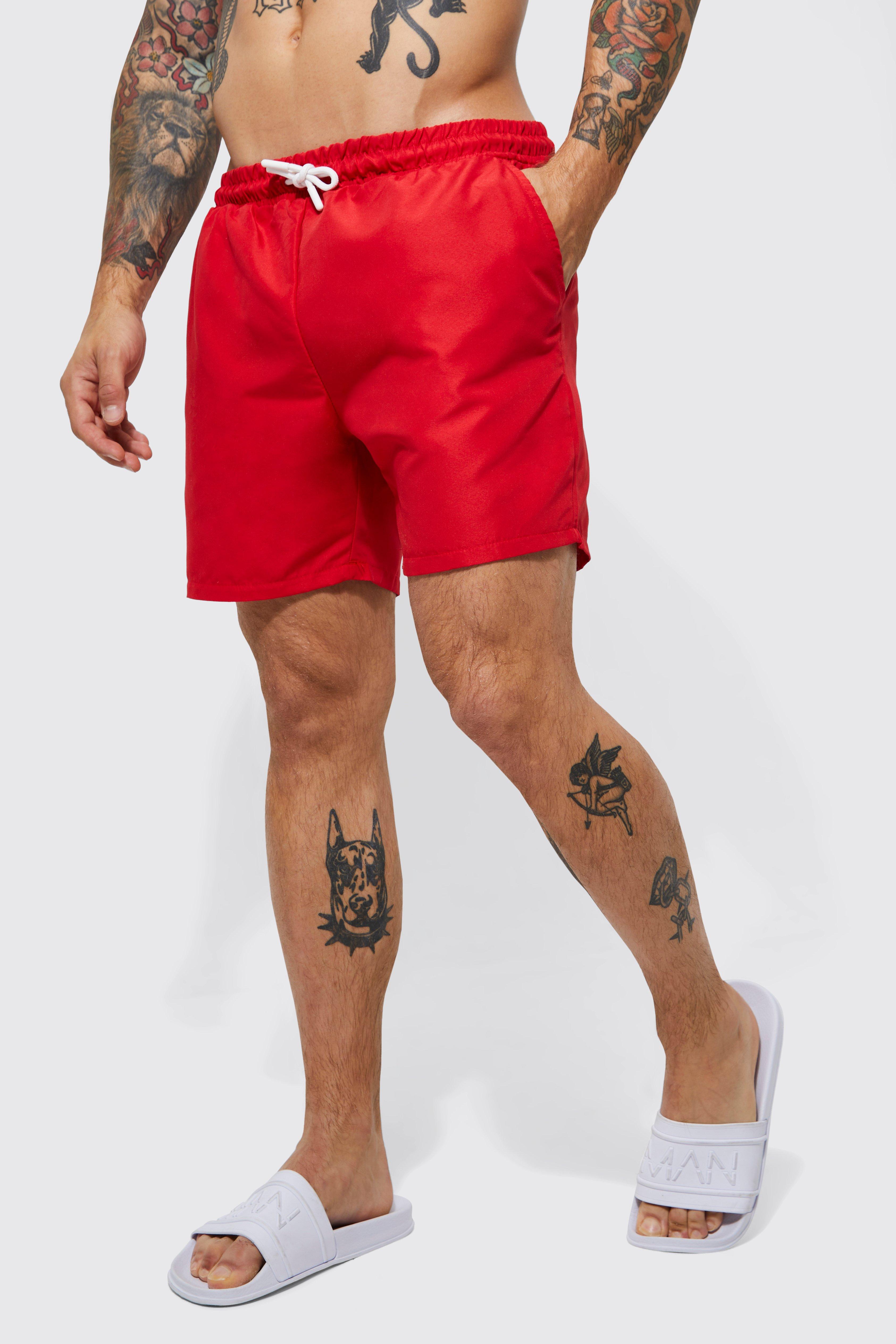 Mens Red Mid Length Plain Swim Shorts, Red