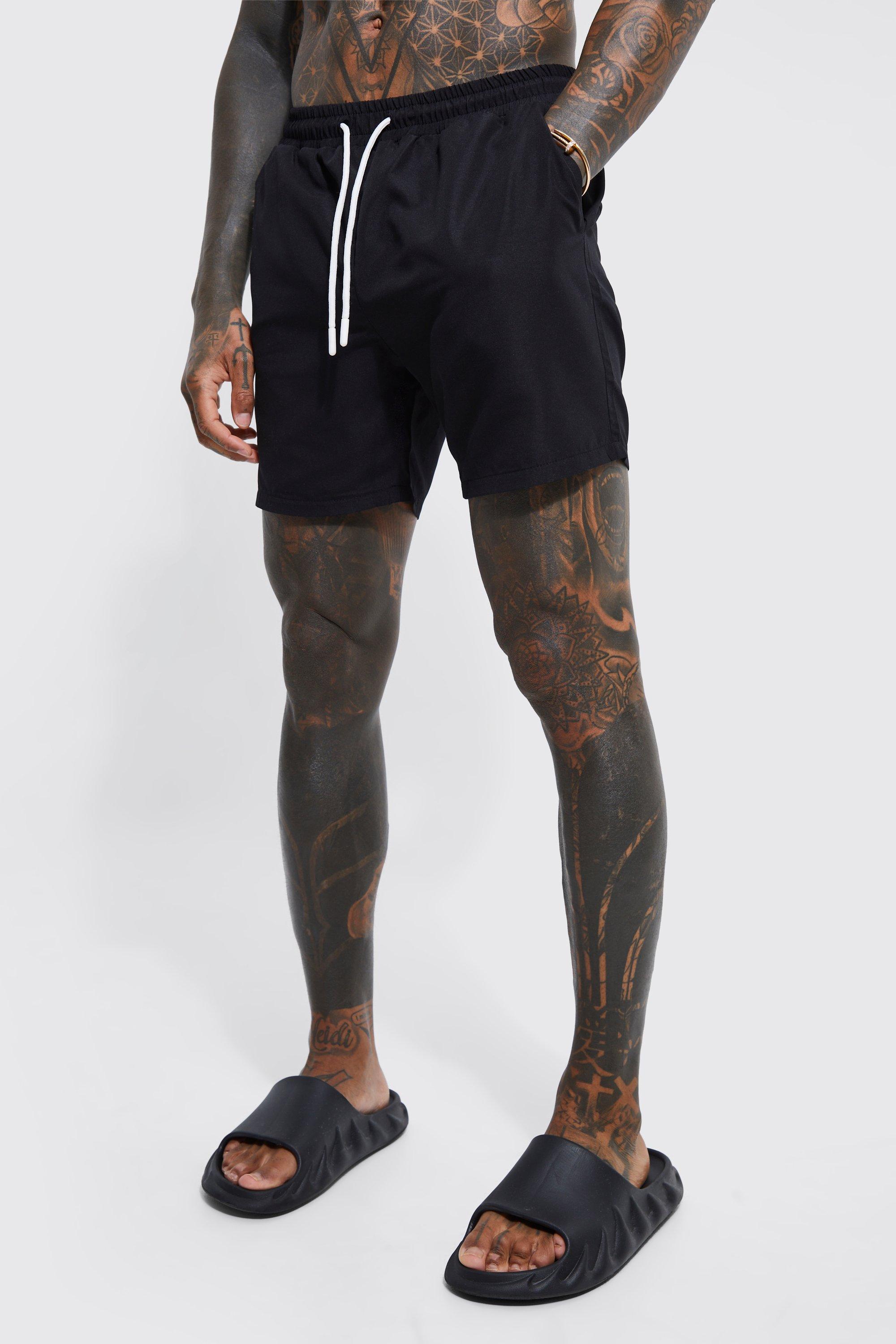 Mens Black Mid Length Plain Swim Shorts, Black