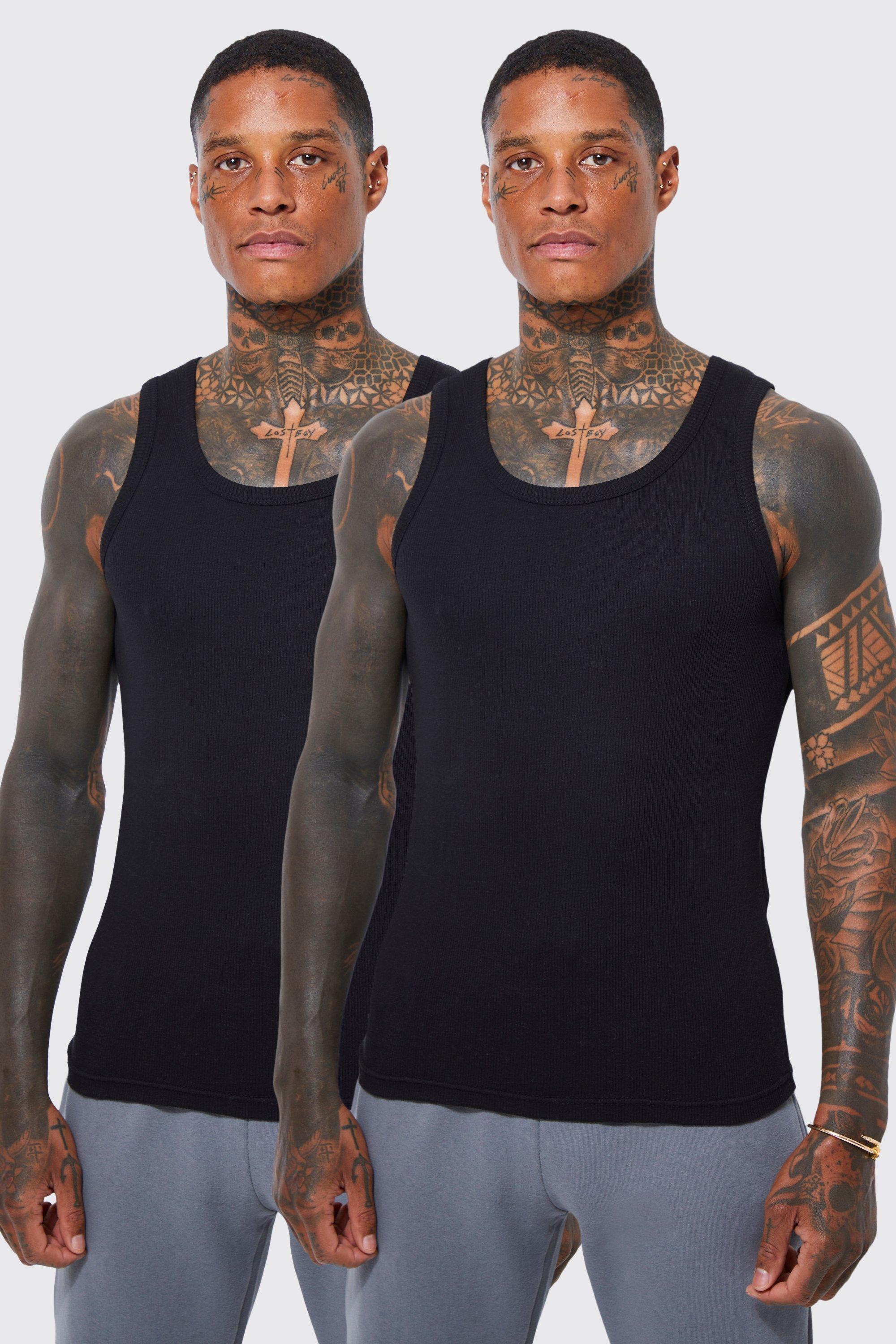 Mens Black 2 Pack Muscle Fit Ribbed Vest, Black