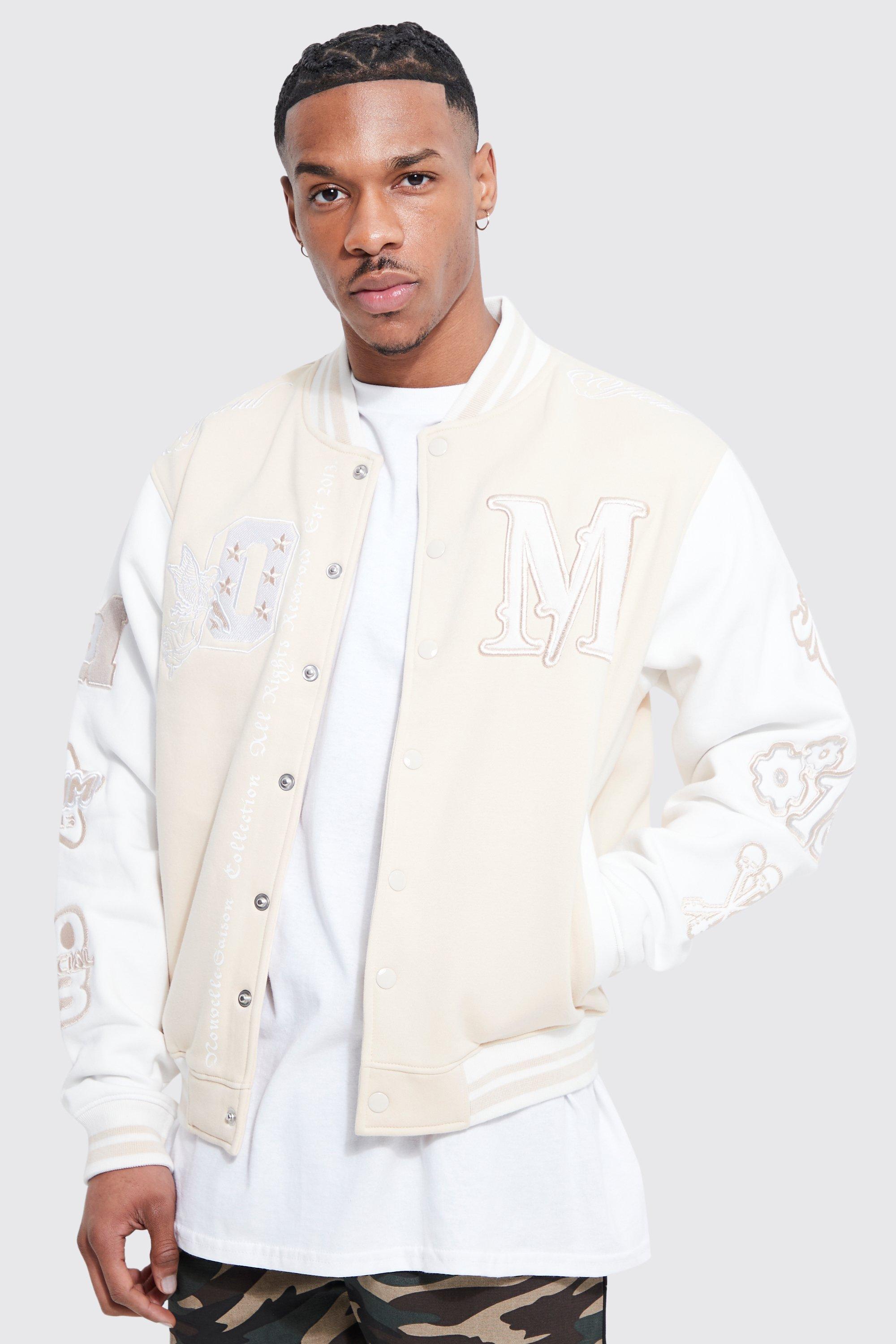 Mens Cream Boxy M Jersey Varsity Jacket, Cream