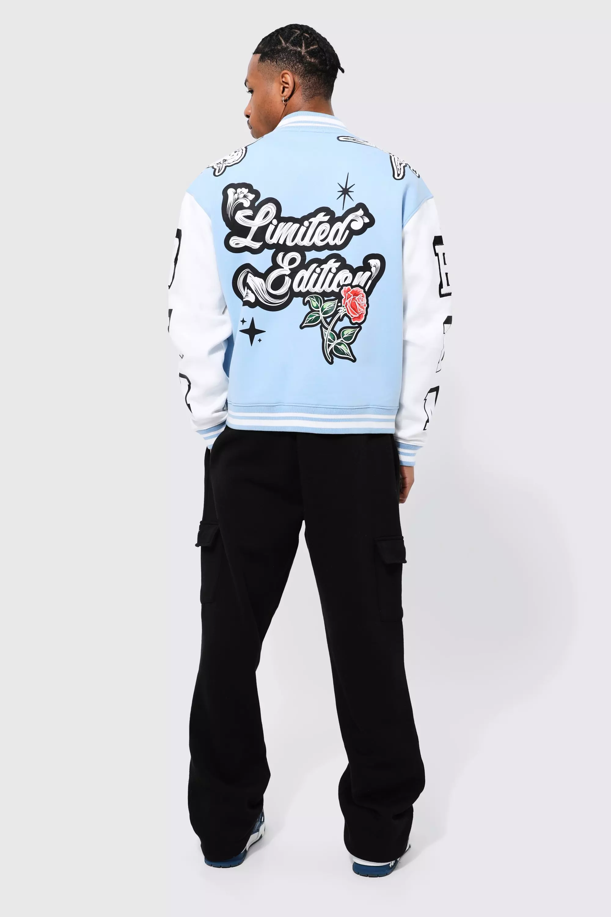 boohooMAN Boxy Limited Edition Tiger Varsity Jacket - Blue - Size XS