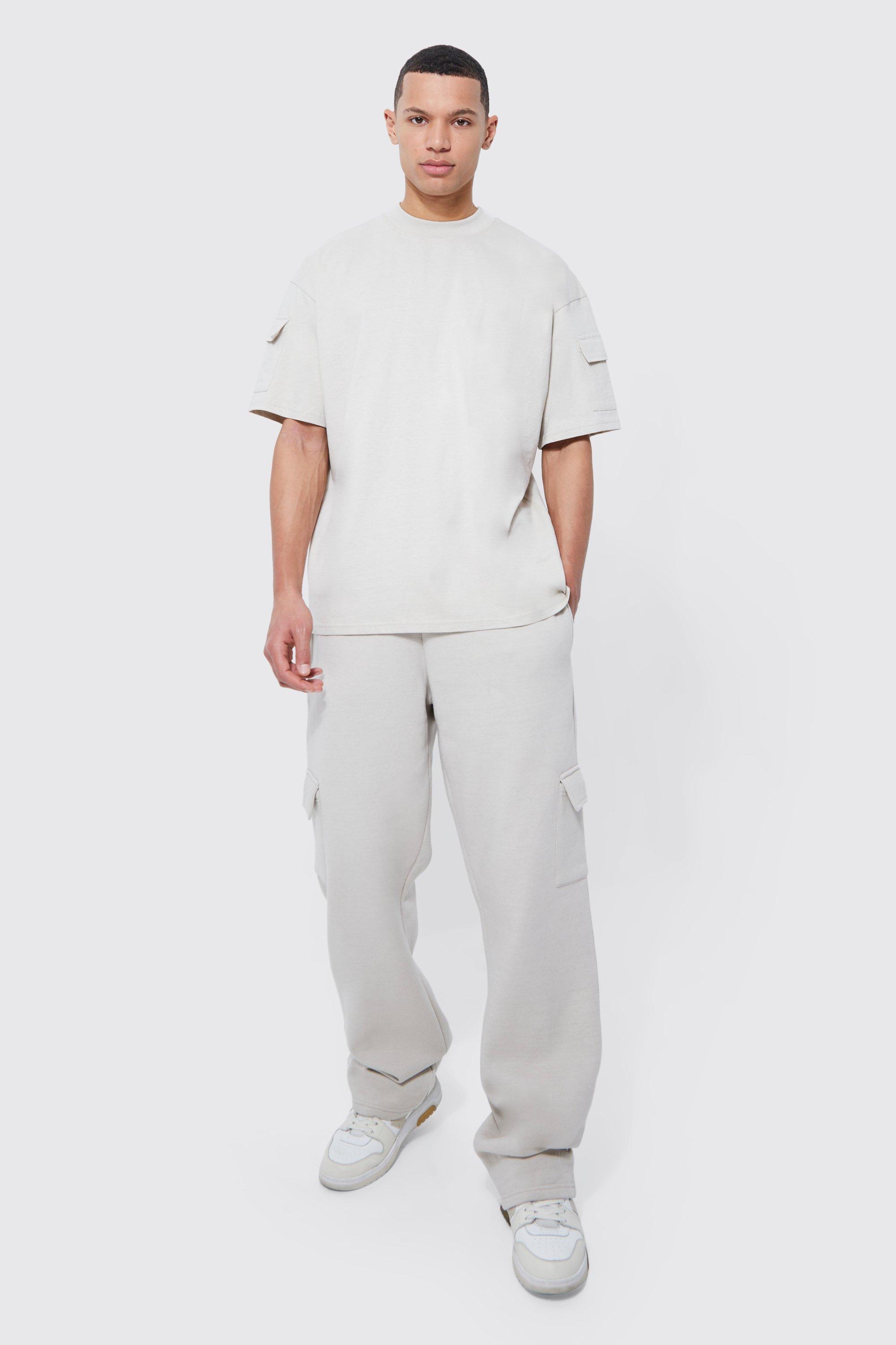 Mens Beige Tall Oversized Cargo T-shirt Tracksuit, Beige