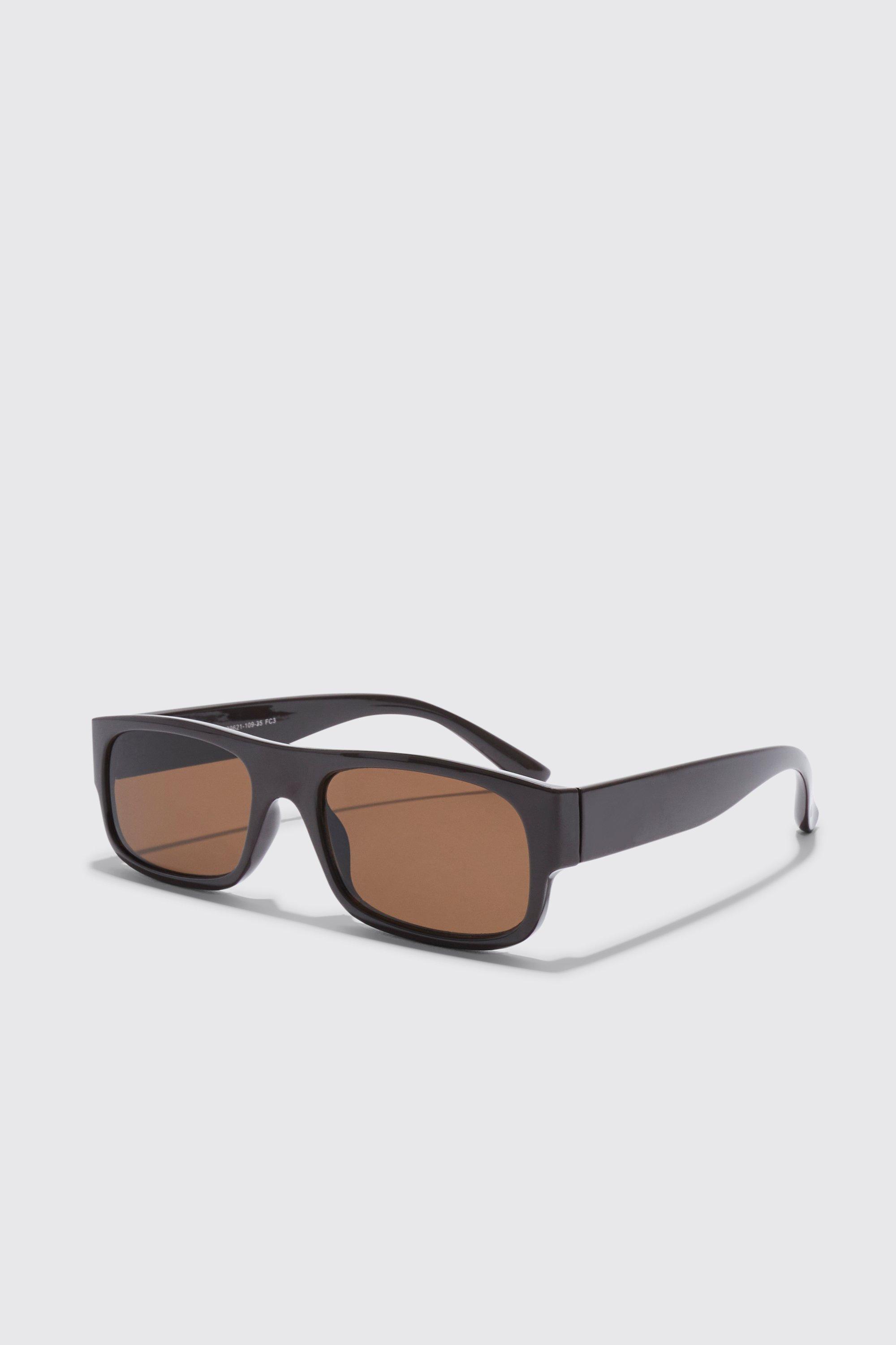 Mens Brown Narrow Rectangle Sunglasses, Brown