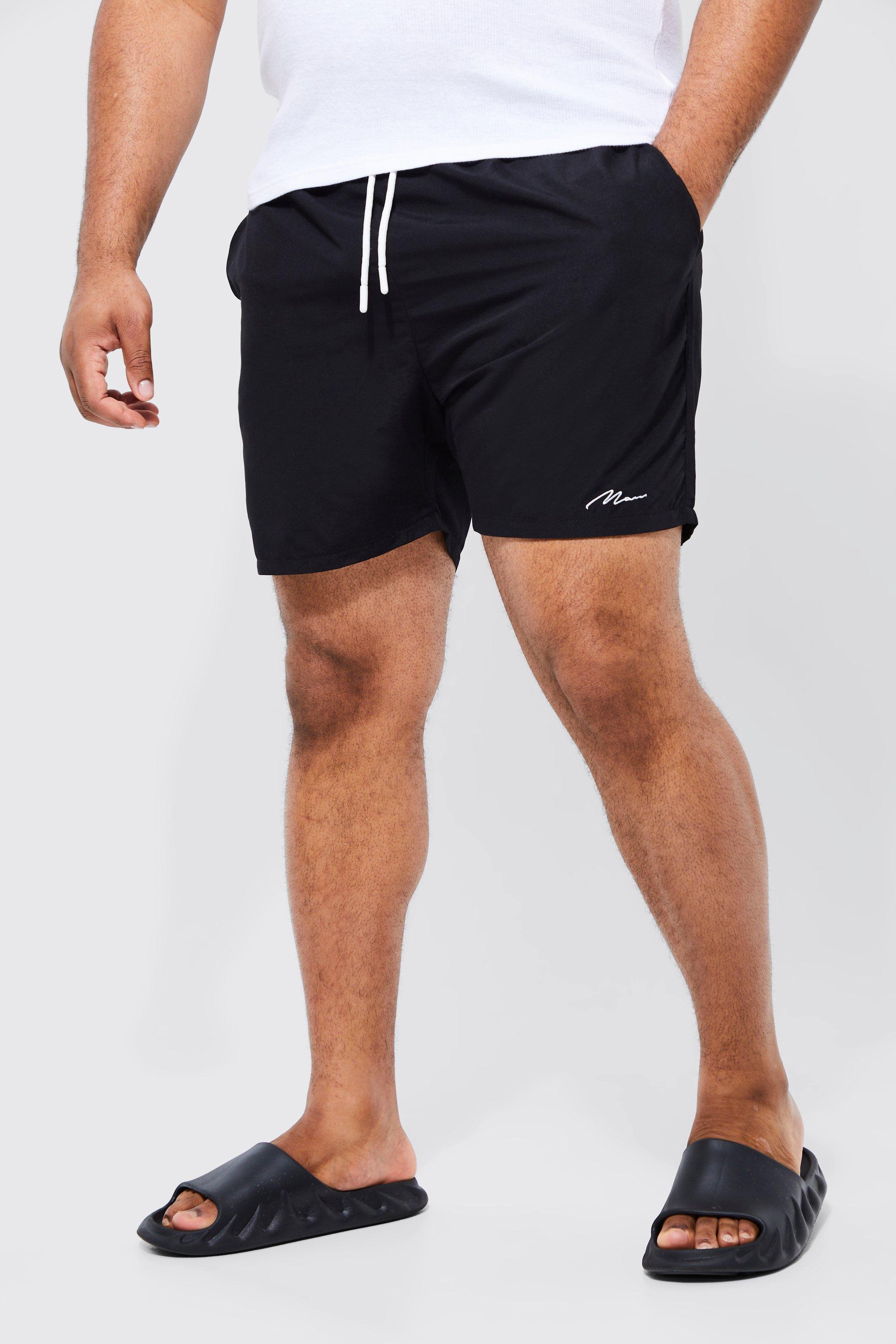 Mens Black Plus Man Signature Mid Length Swim Shorts, Black