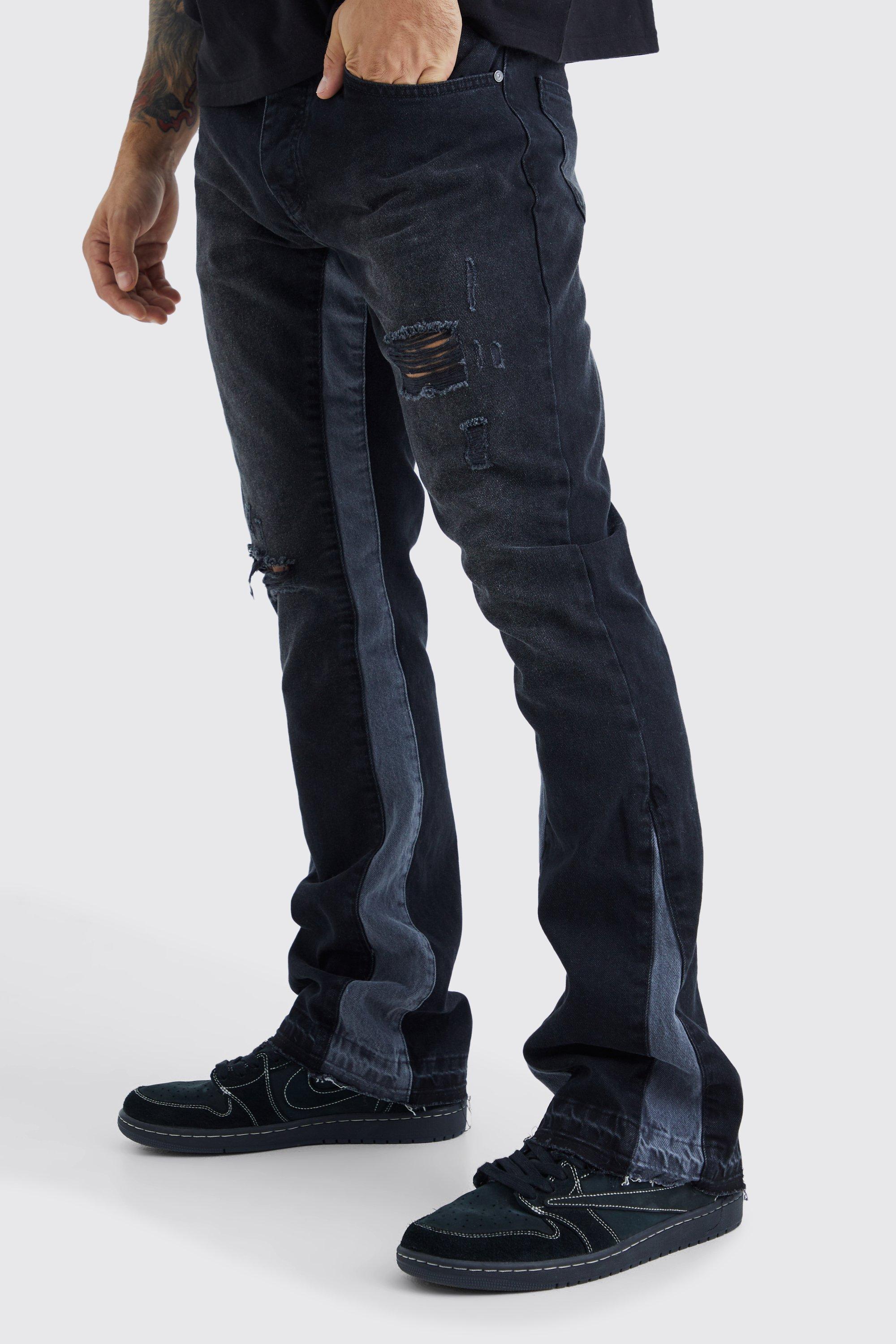 Mens Black Slim Flare Distressed Panel Jeans, Black