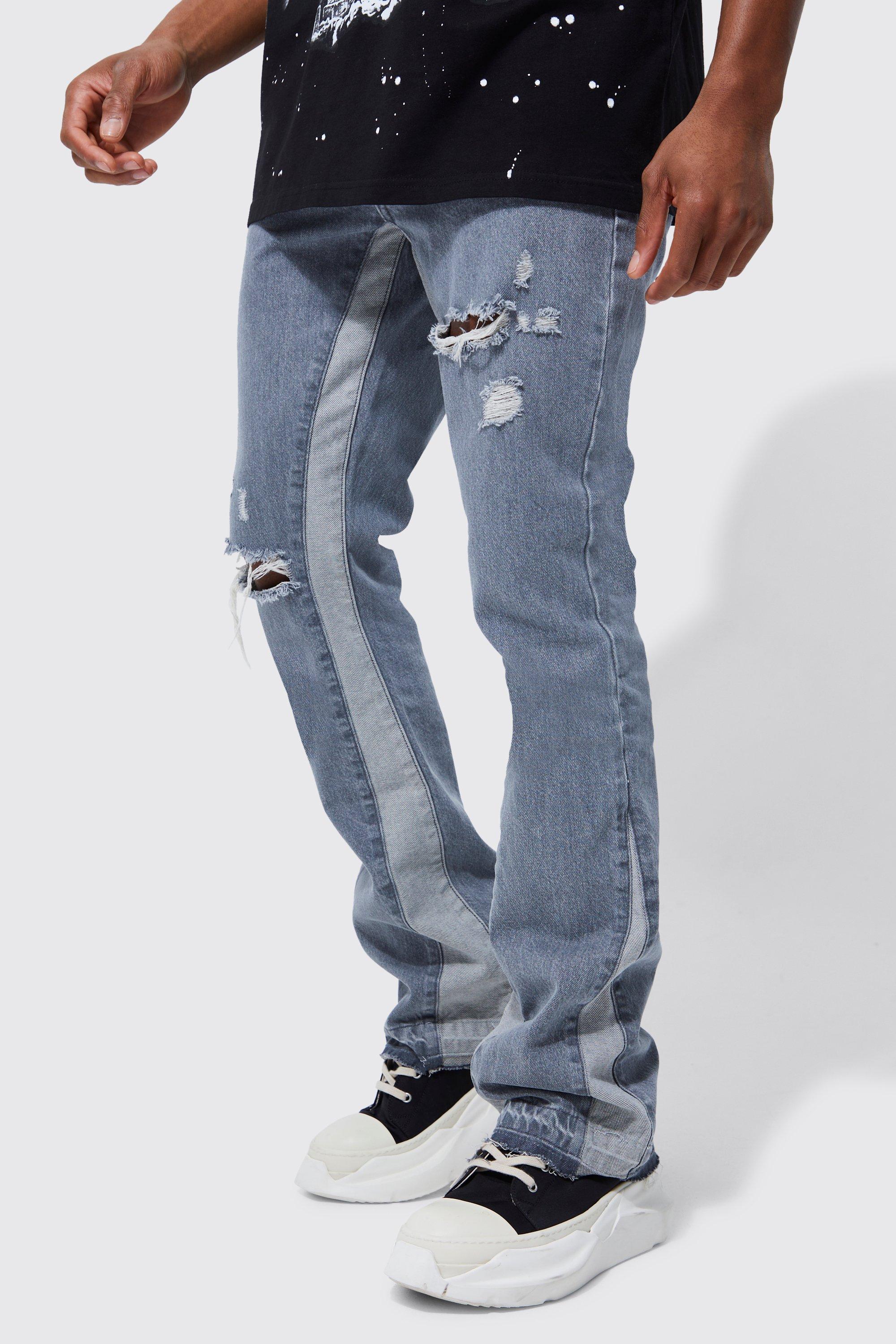 Image of Jeans a zampa Slim Fit con pannelli e smagliature, Grigio