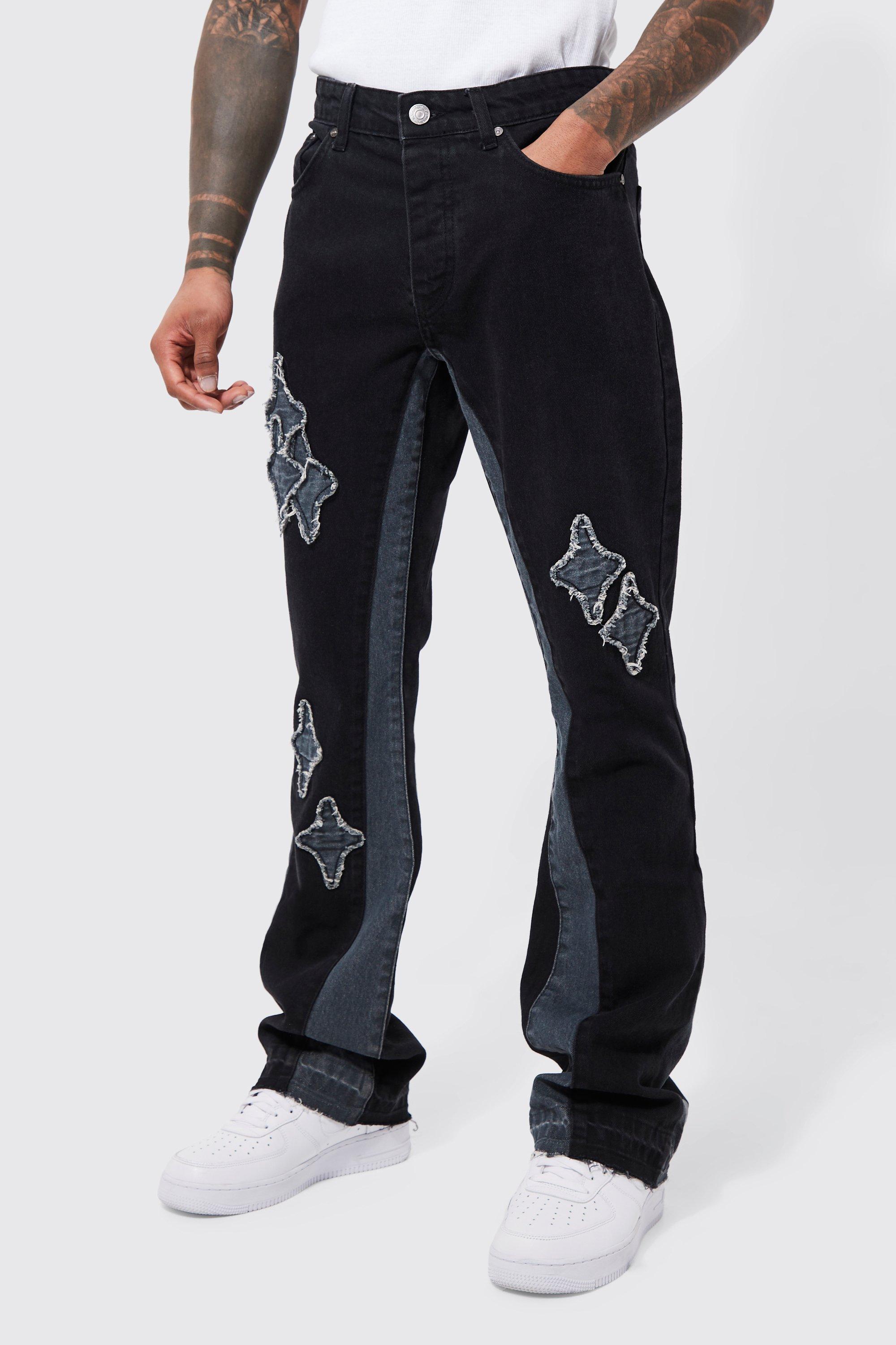 Image of Jeans a zampa Slim Fit con pannelli e applique, Nero