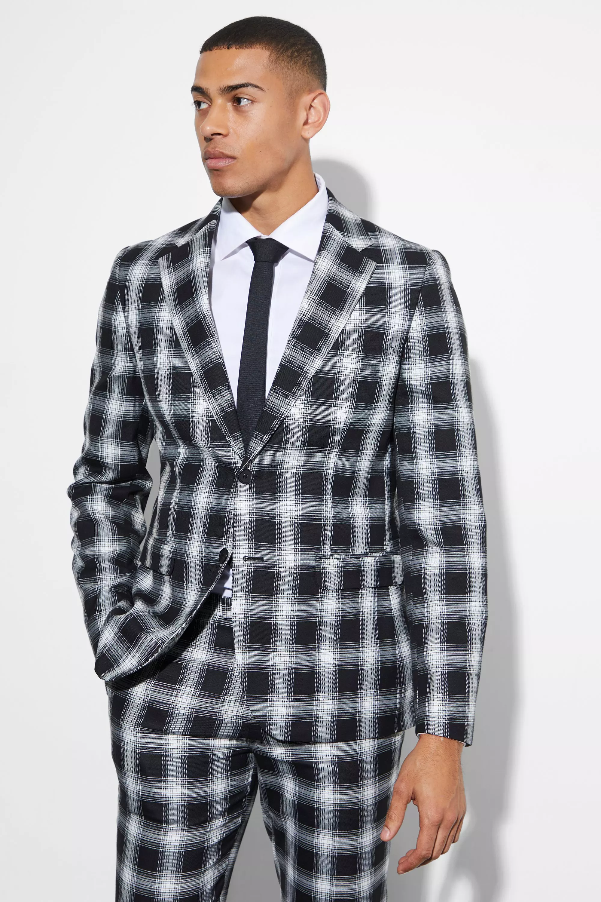 Black and white outlet plaid suit jacket