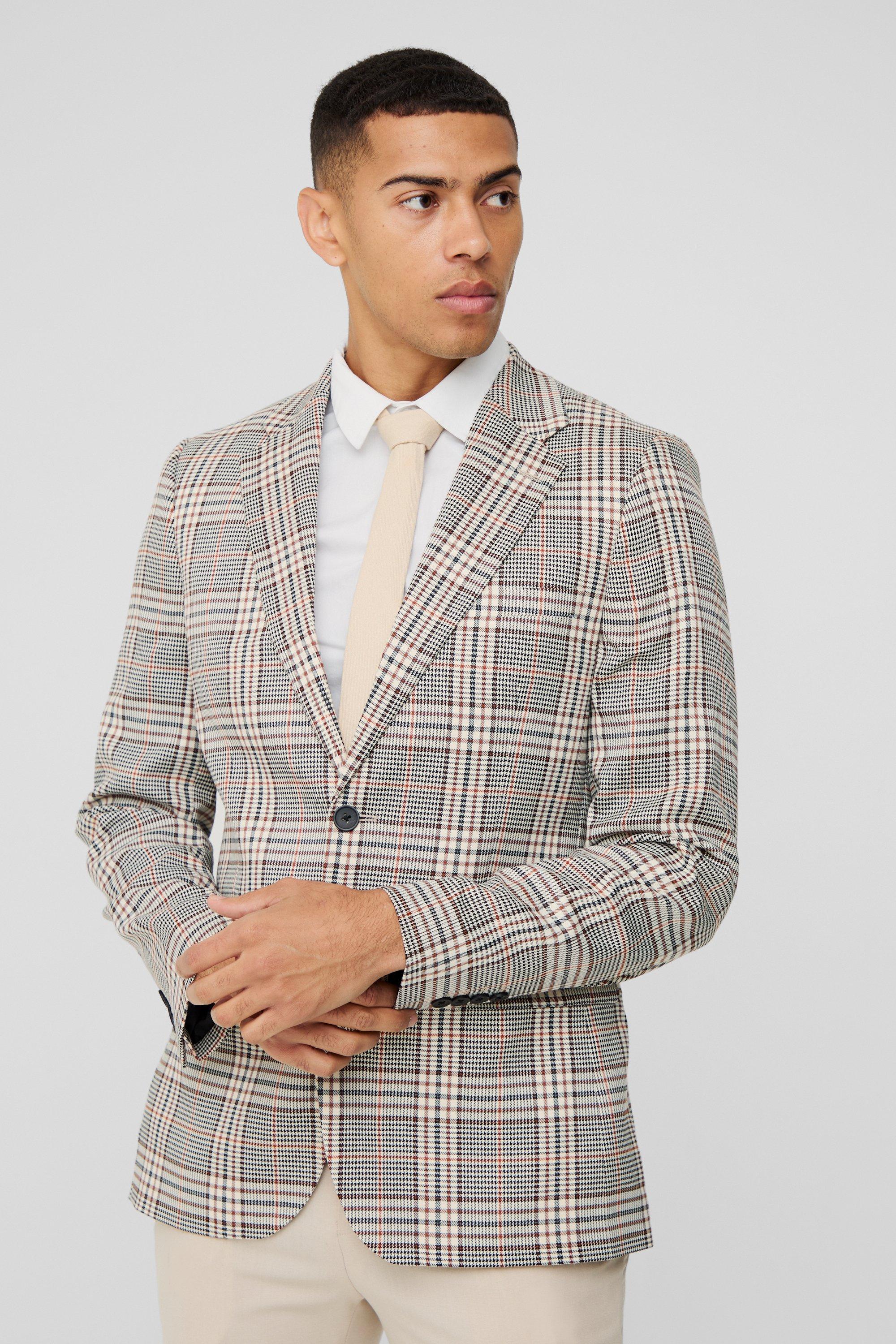 Mens Beige Slim Fit Single Breasted Check Suit Jacket, Beige