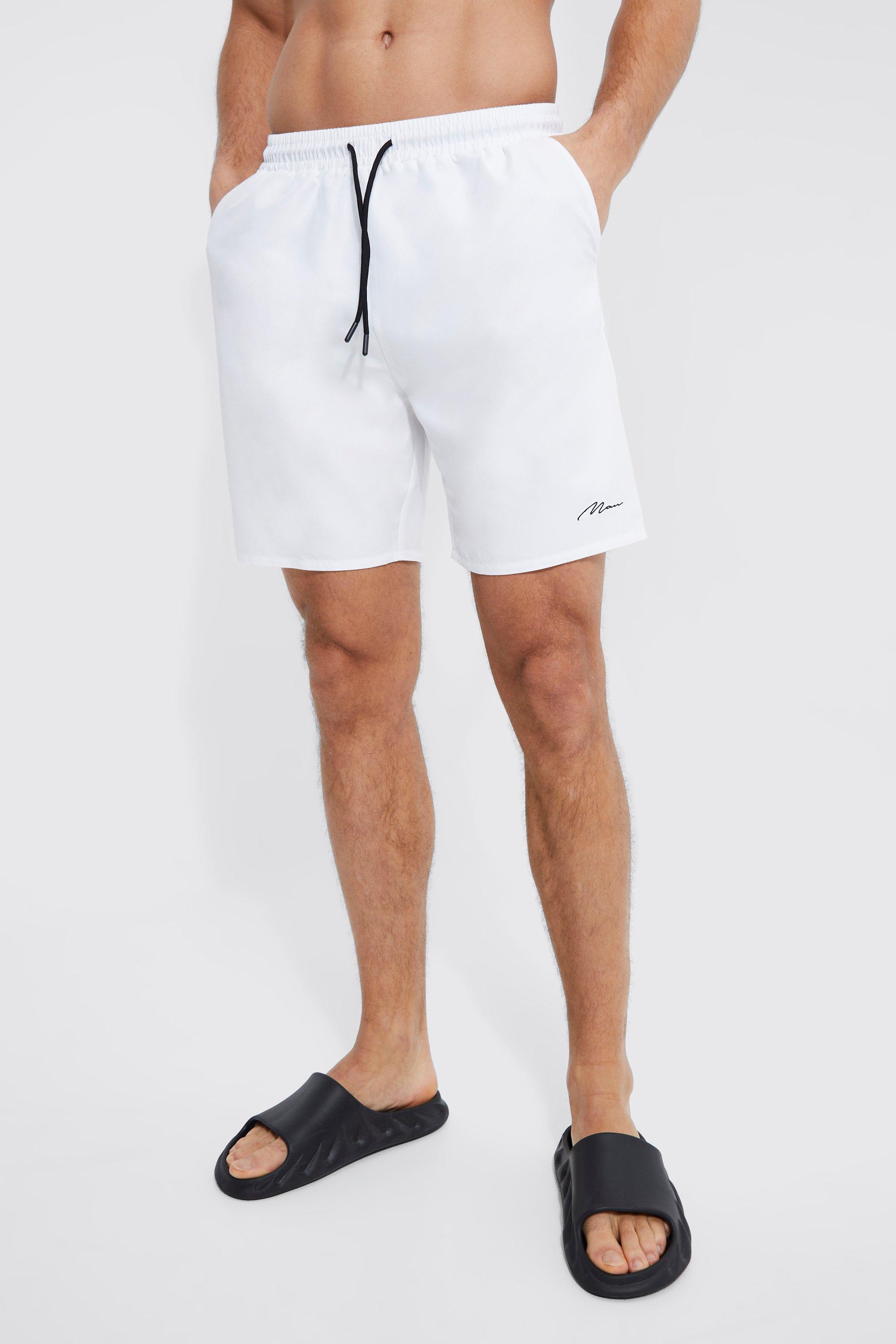 Mens White Tall Man Signature Mid Length Swim Shorts, White