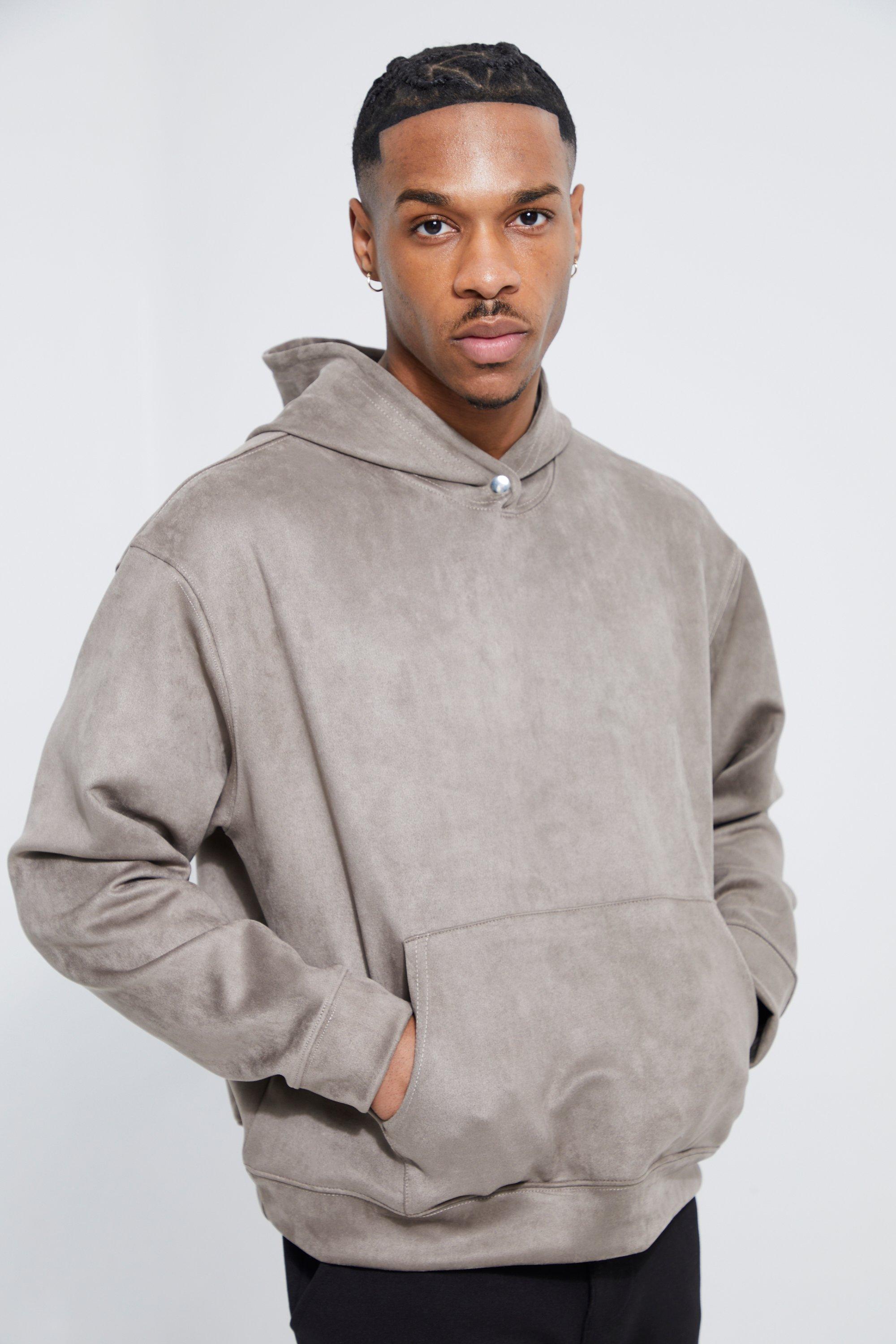 Mens Grey Oversized Boxy Scuba Suede Hoodie, Grey