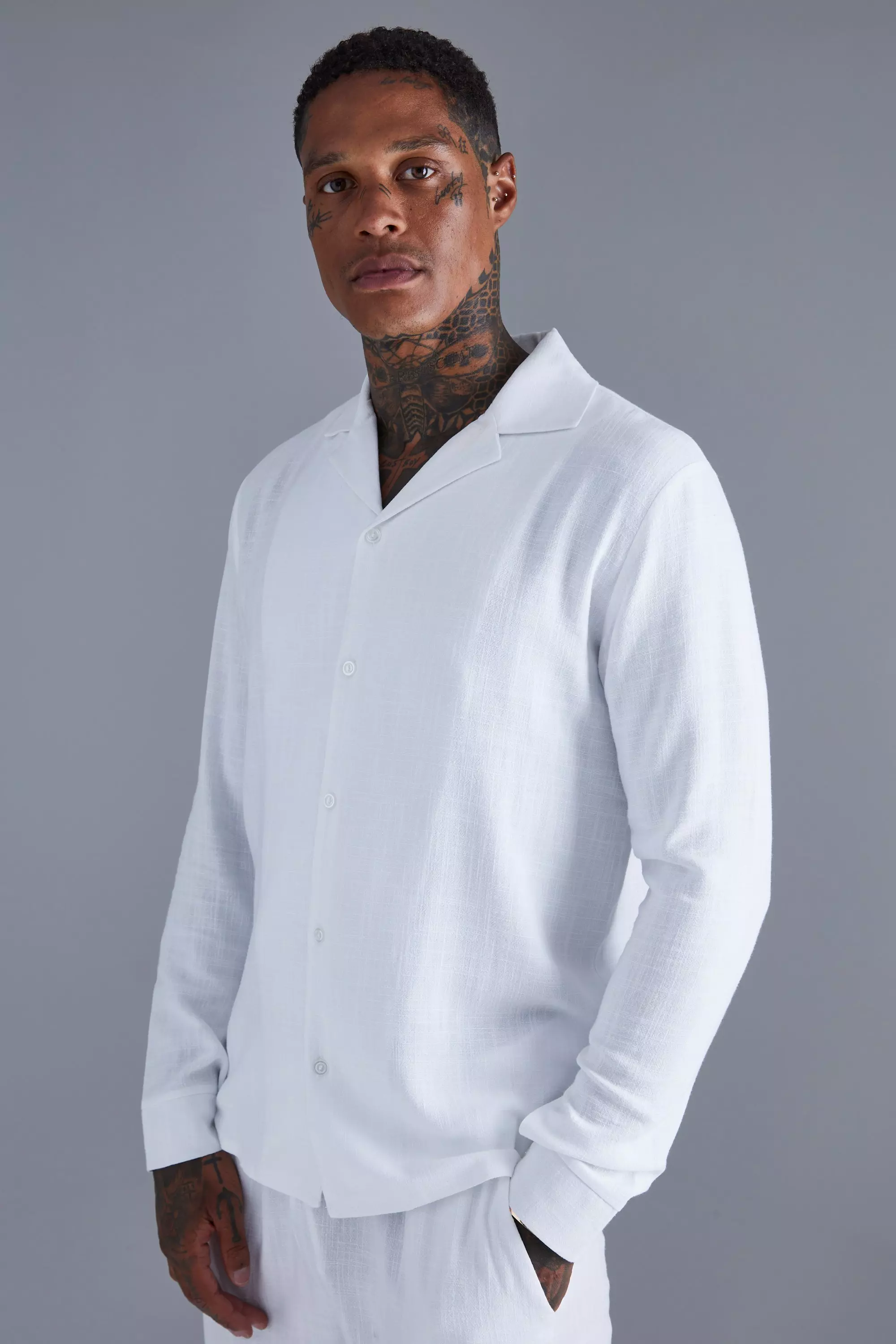 Long Sleeve Linen Revere Shirt | boohooMAN USA