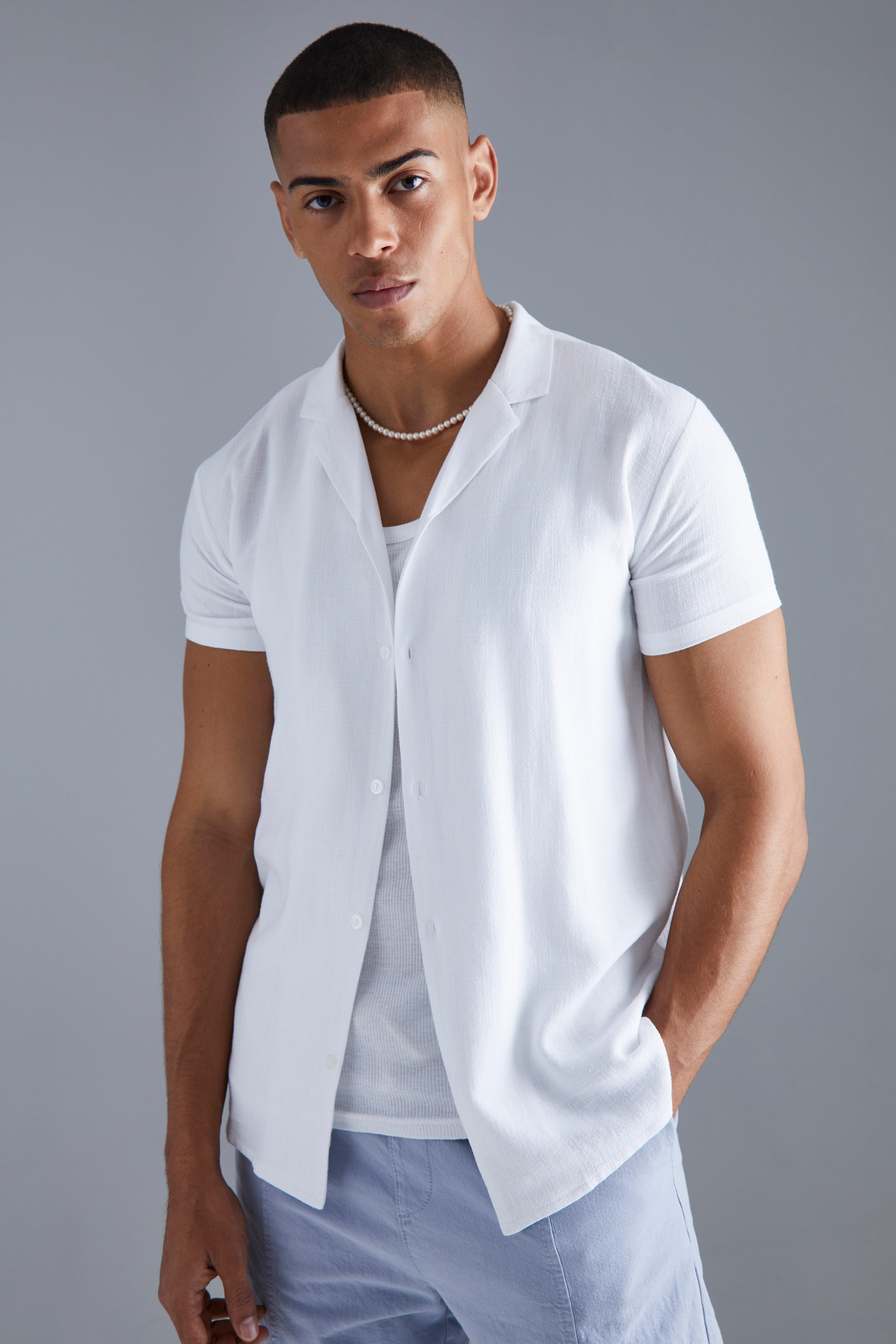 Mens White Short Sleeve Linen Revere Shirt, White