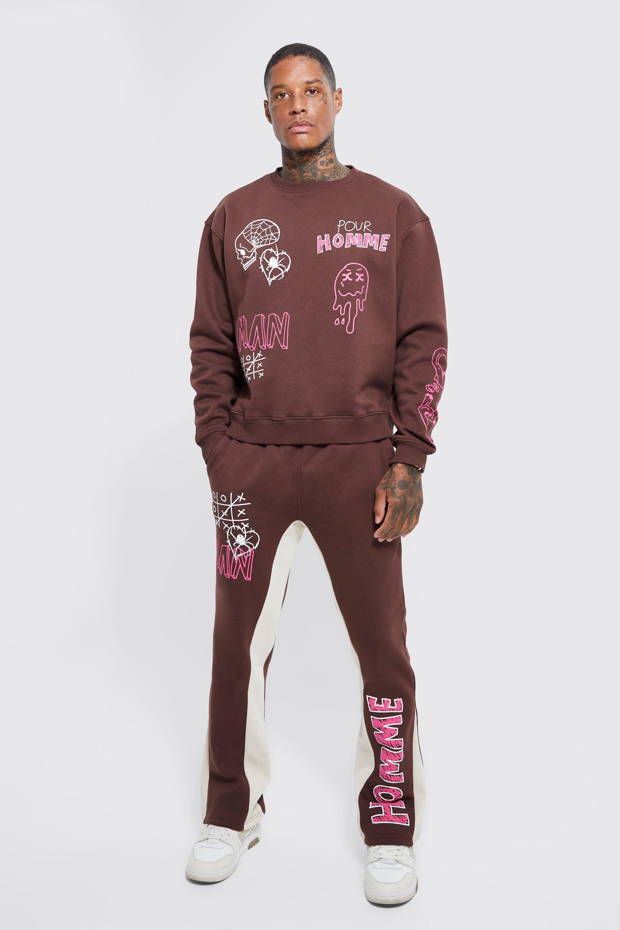 Mens Brown Oversized Boxy Graffiti Gusset jumper Tracksuit, Brown