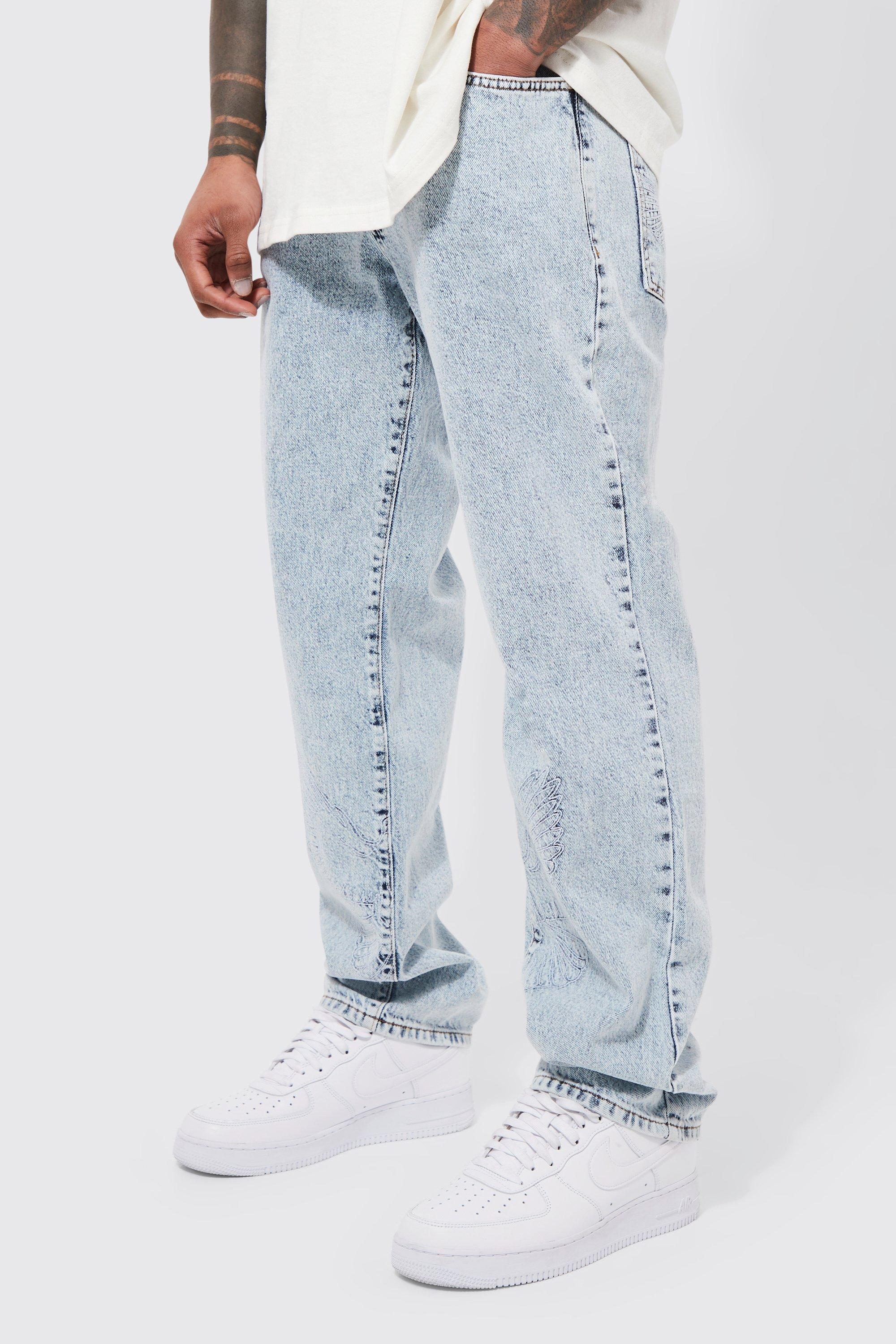 Mens Blue Relaxed Rigid Dove Embroidered Jean, Blue