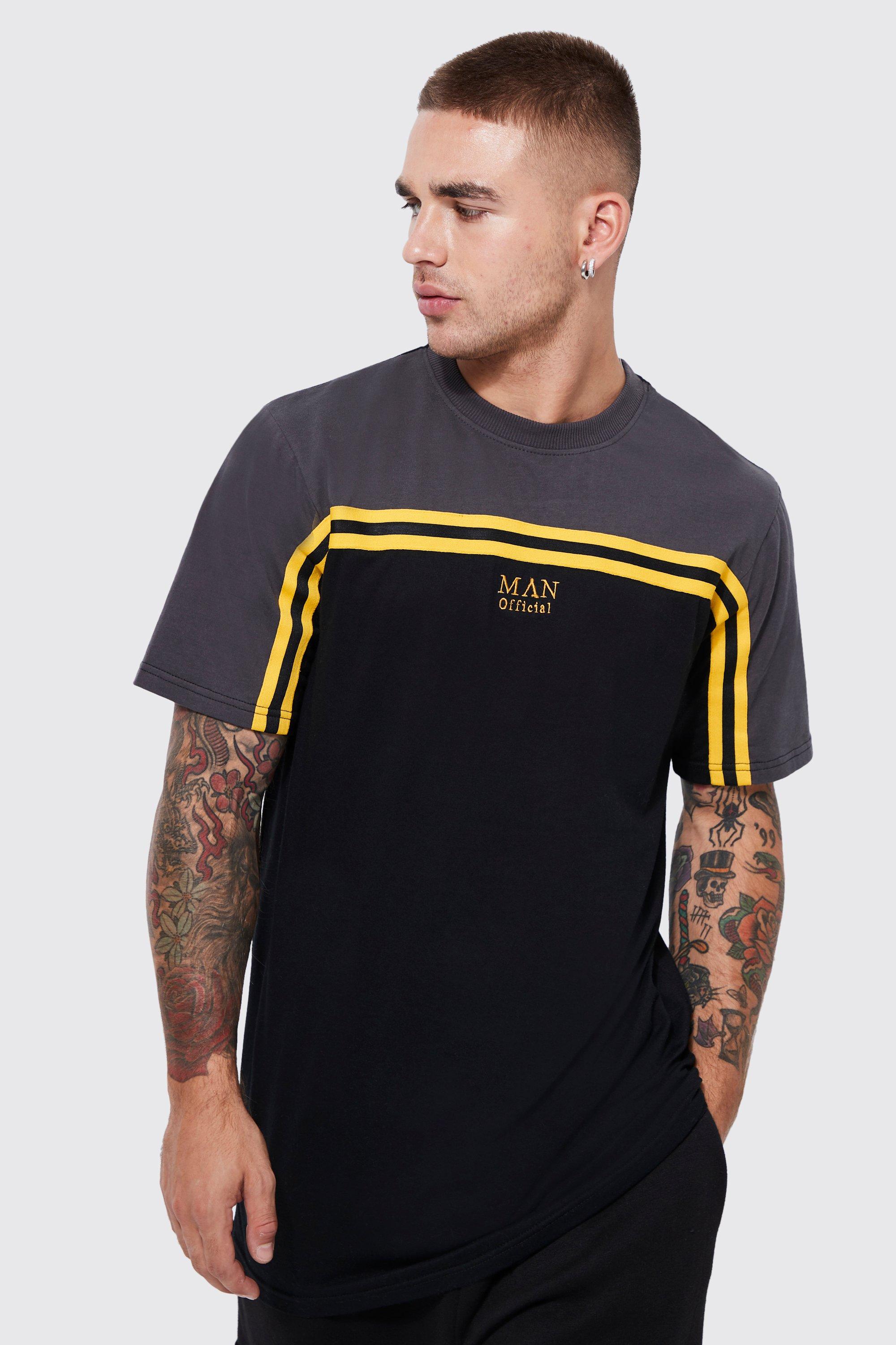 Mens Black Man Gold Long Line Chest Tape T-shirt, Black