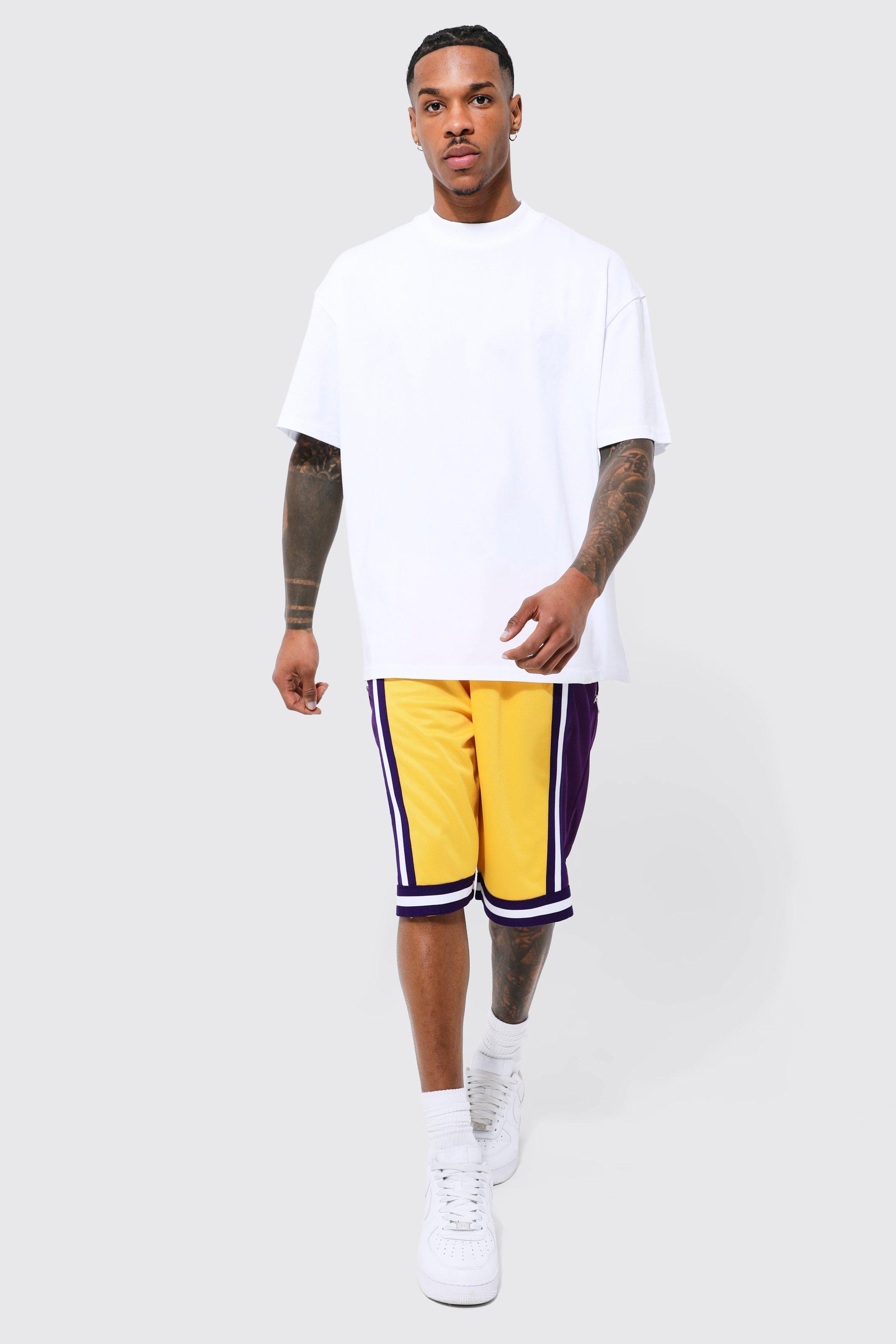 Mens Yellow Oversized Panelled T-shirt And Mesh Short Set, Yellow