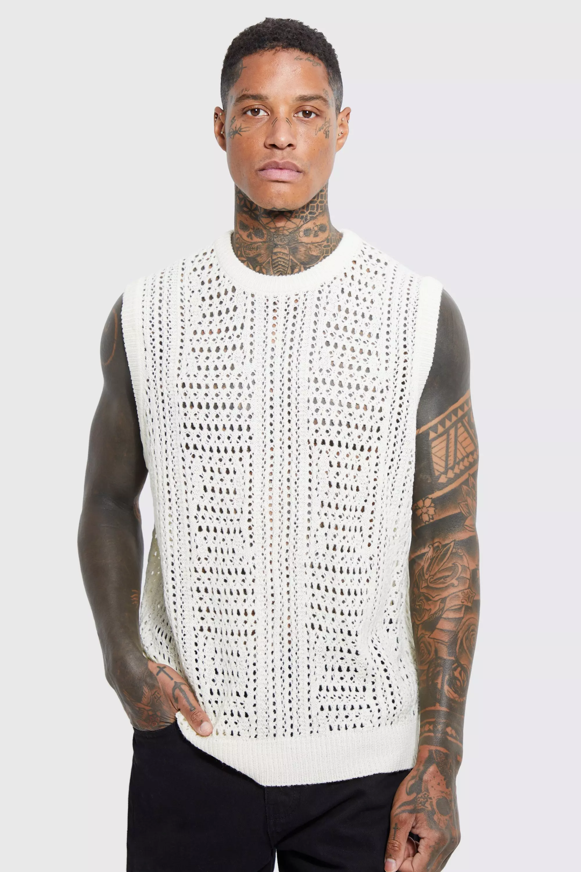 Knitted Oversized Crew Neck Textured Vest | boohooMAN