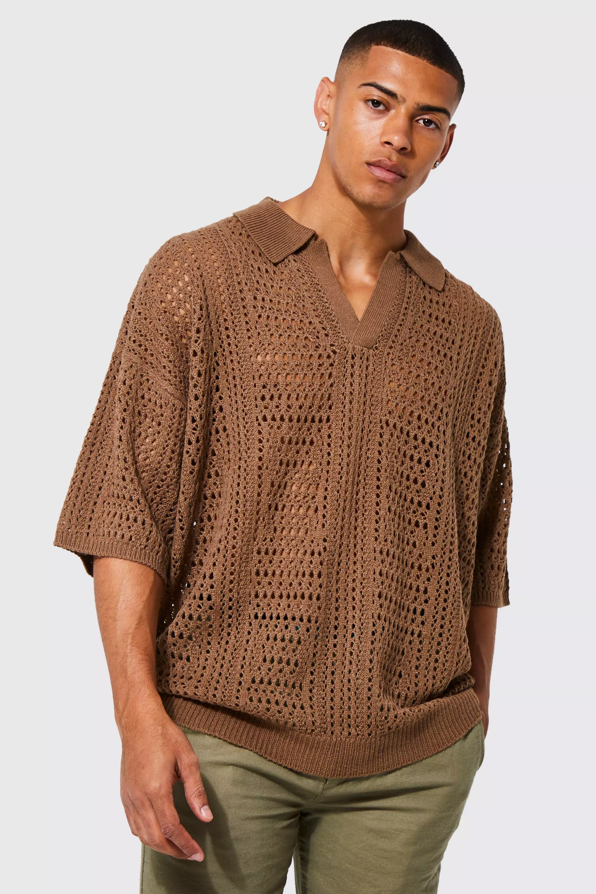 Knitted Drop Shoulder Oversized Texture Open Polo | boohooMAN USA