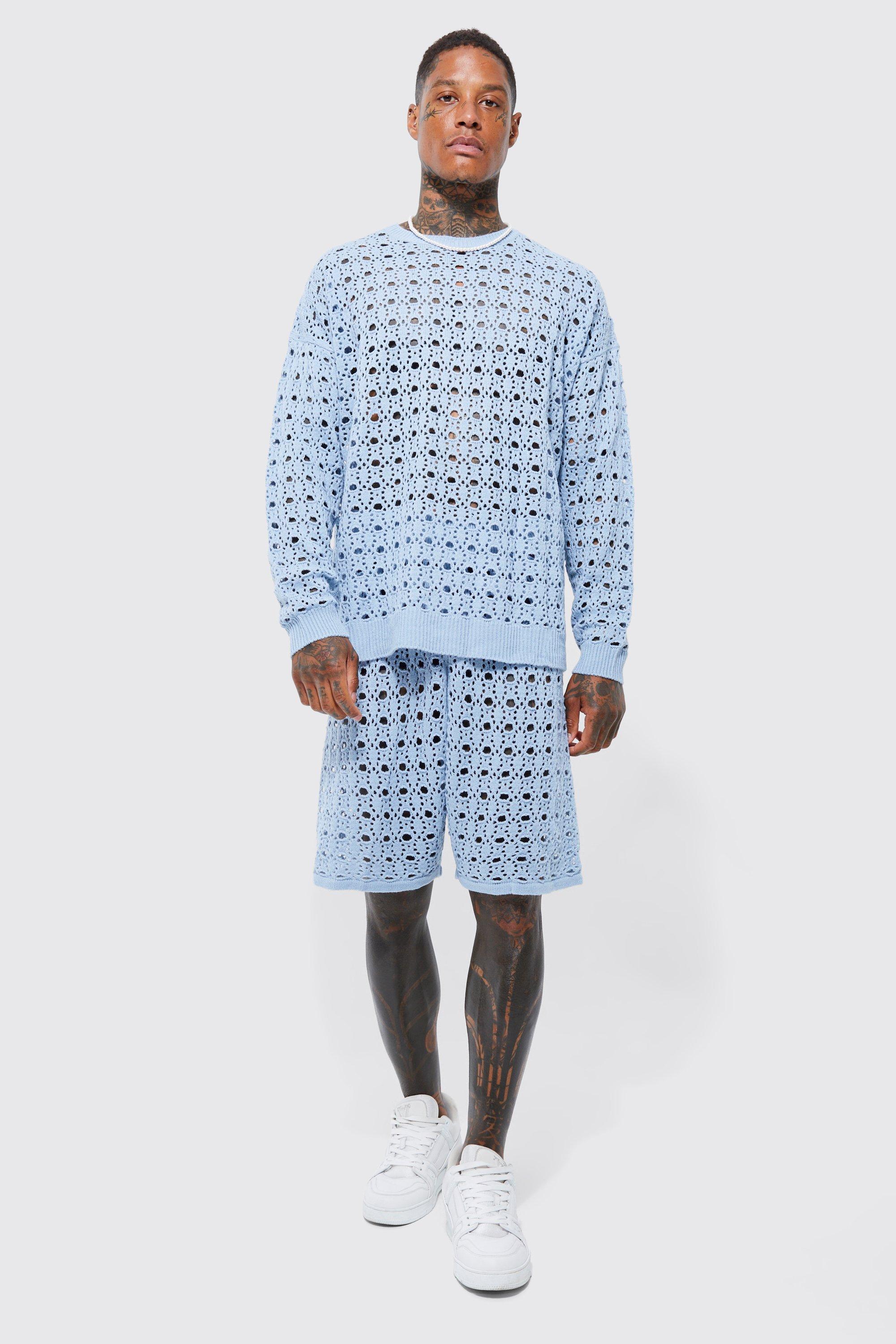 Mens Blue Knitted Chunky Open Detail Oversized Jumper And Short, Blue