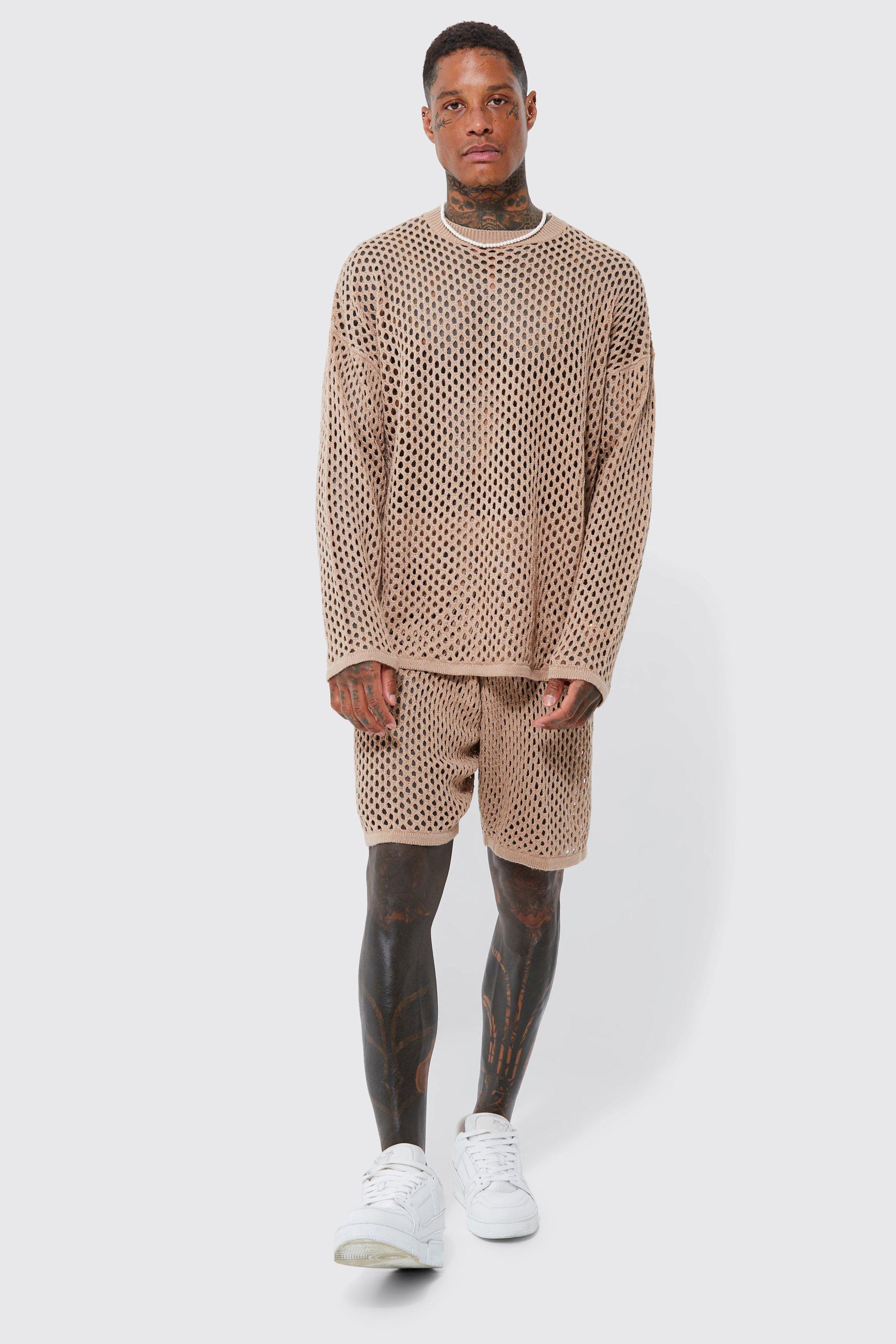 Mens Beige Knitted Open Texture Oversized Jumper And Short Set, Beige