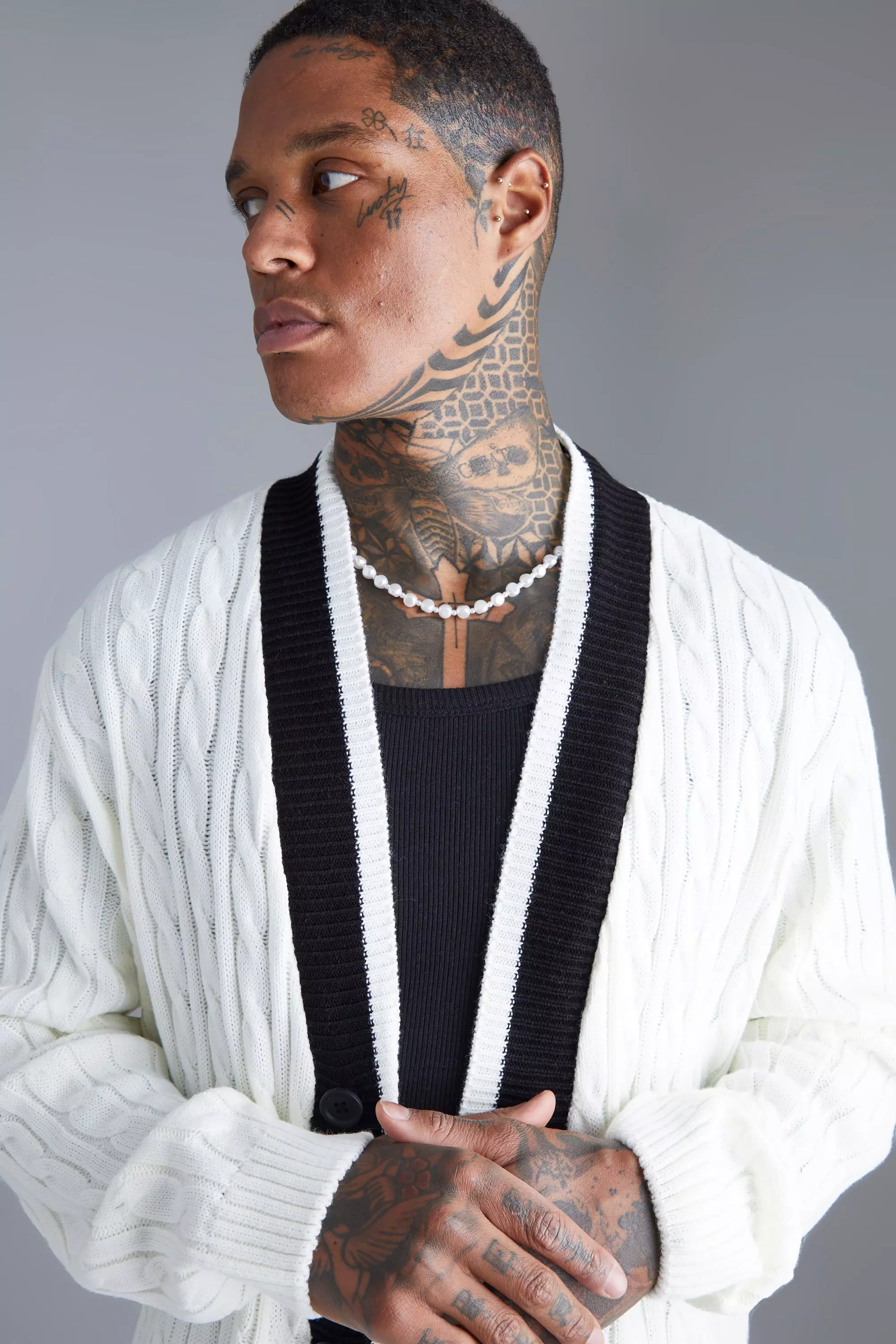 Relaxed Cable Knit Extended Placket Cardigan | boohooMAN USA