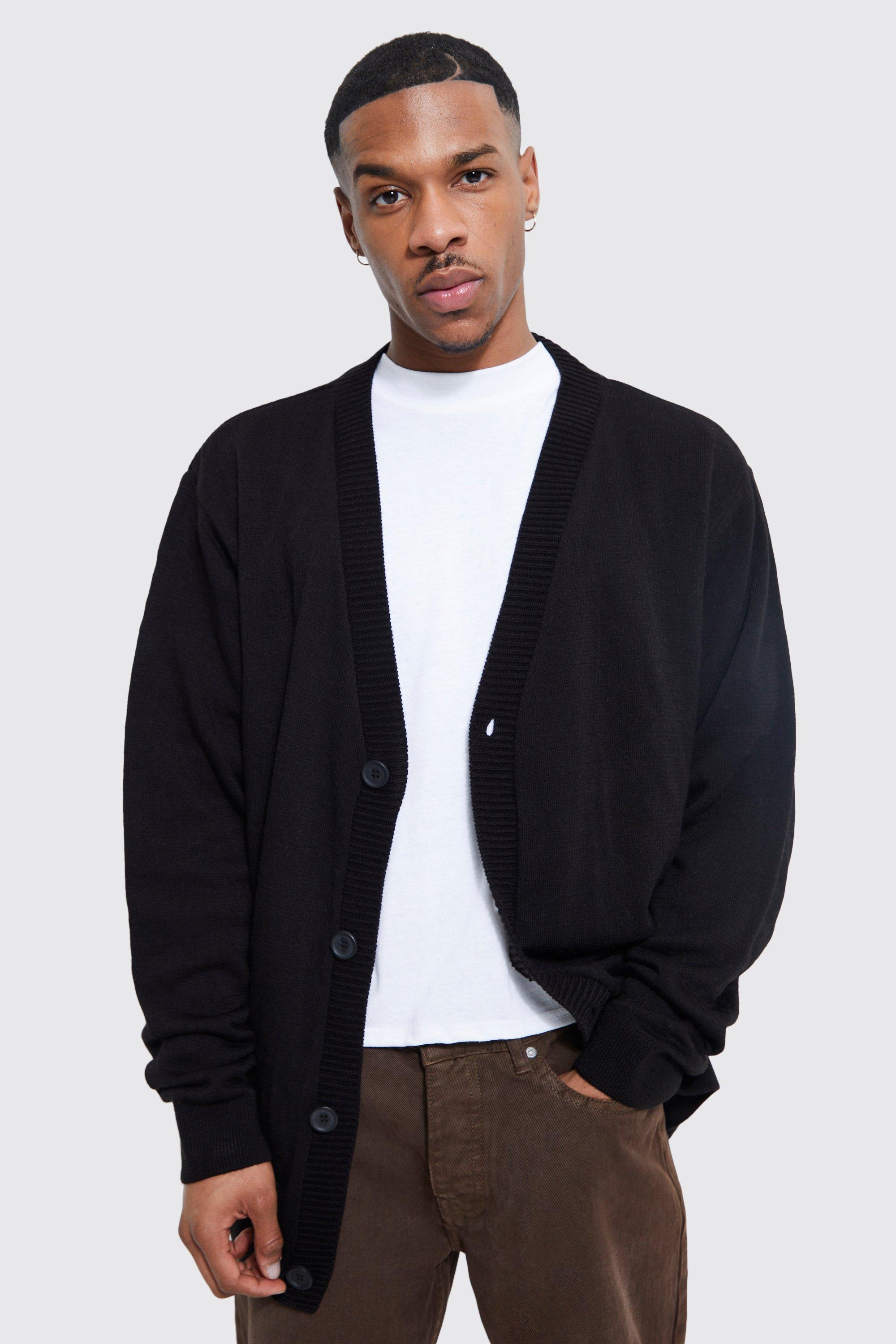 Mens Black Relaxed Knitted Line Drawing Back Cardigan, Black