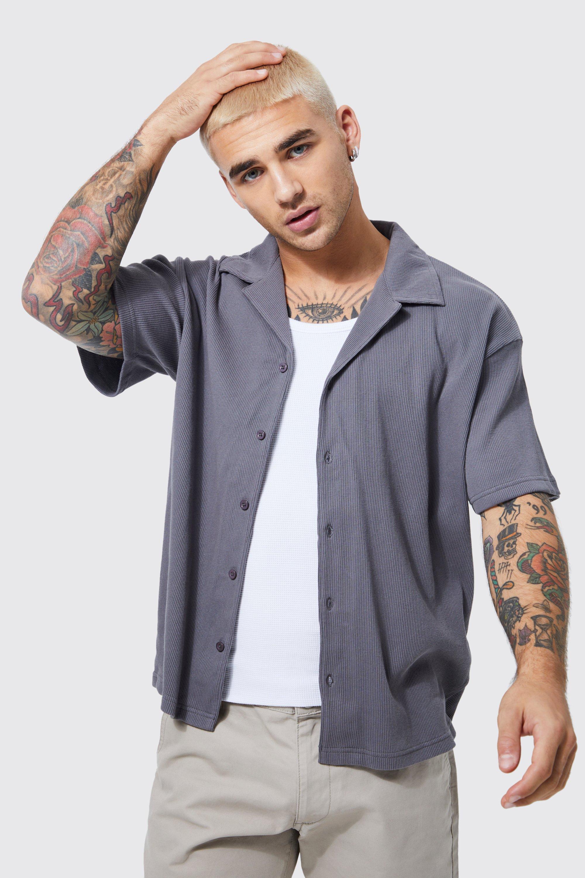 Mens Grey Short Sleeve Boxy Revere Rib Jersey Shirt, Grey